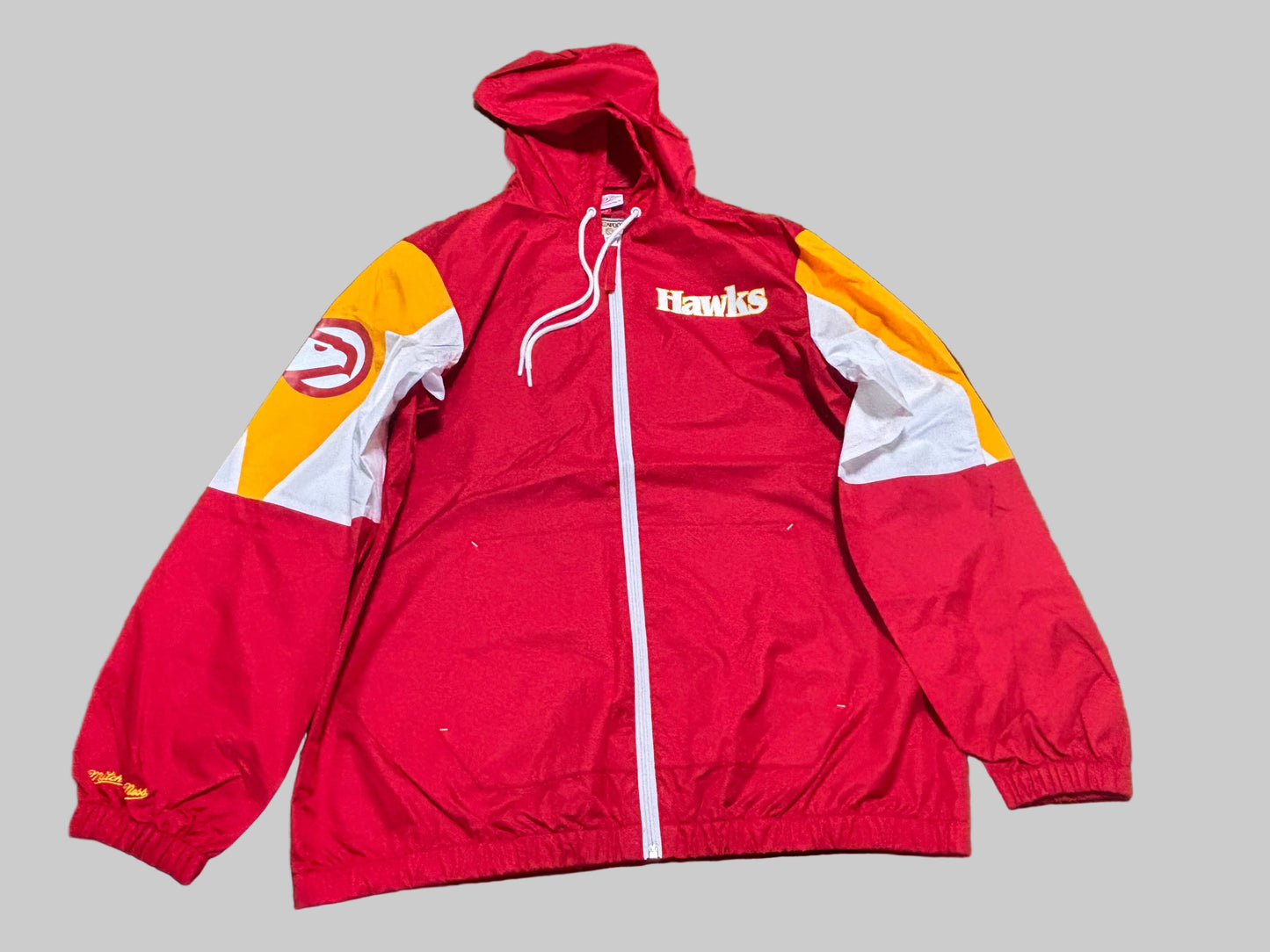 Atlanta Hawks Mitchell & Ness Hardwood Classic HWC NBA Retro Throw it Back Full Zipper Light Weight Windbreaker Jacket Long Sleeve Red Yellow Men’s Large L New NWOT