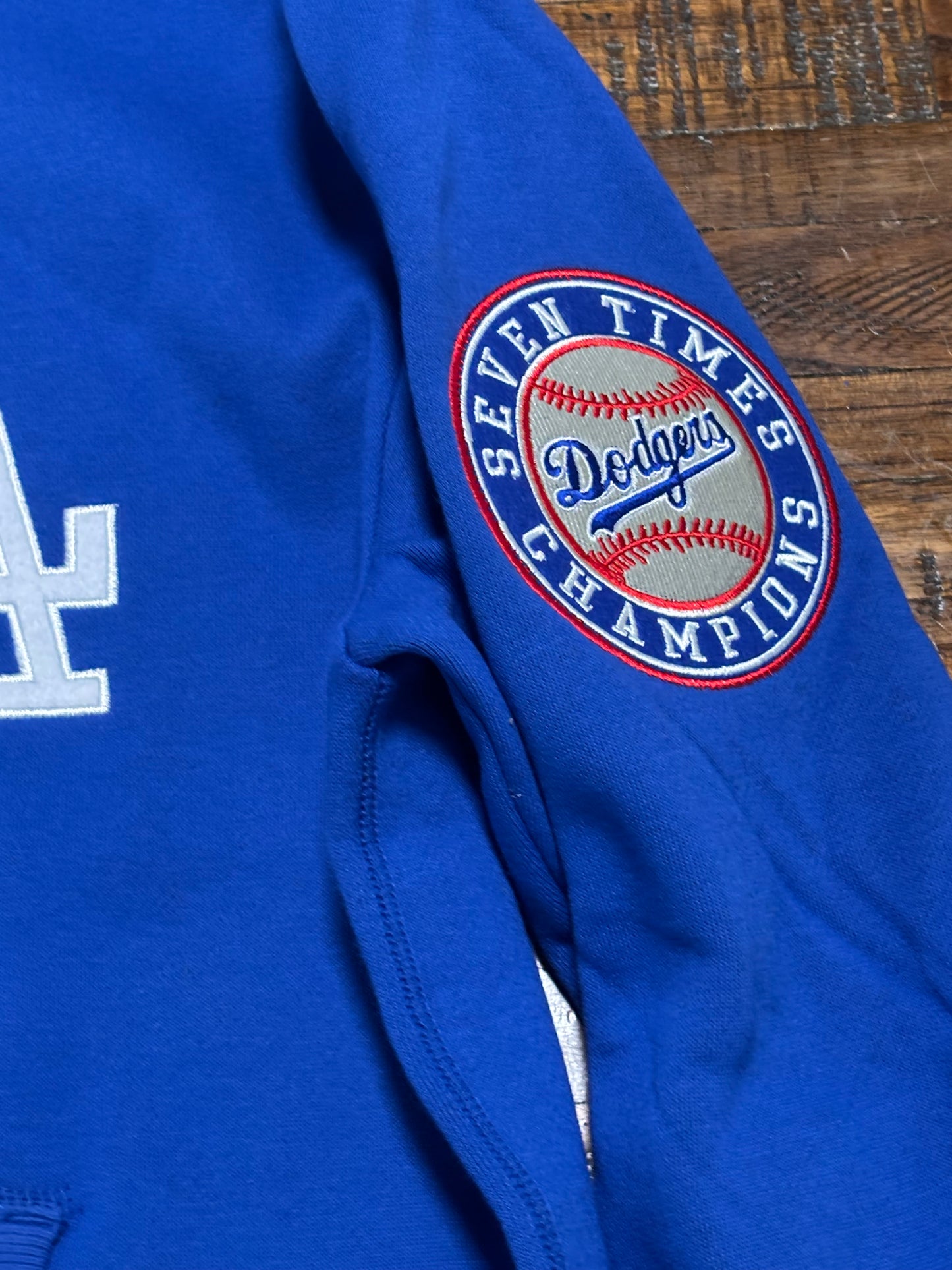 Los Angeles LA Dodgers Mitchell & Ness MLB Baseball Cooperstown City Collection Big Face Team Logo 1988 World Series Patch Long Sleeve Shirt Sweater Hooded Hoodie Royal Blue White Mens Large L New NWOT