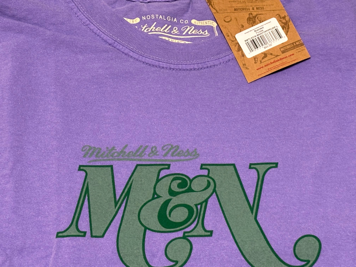 Mitchell & Ness Branded Sports Heavyweight Script Logo Graphic Short Sleeve Tee T Shirt Purple Green Men’s Large L New NWT