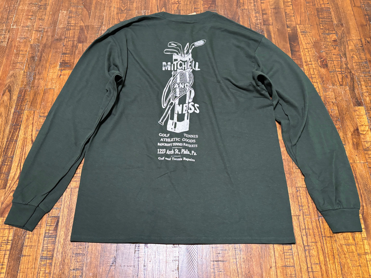 Mitchell & Ness Branded Sports Heavyweight Logo Graphic Long Sleeve Golf Tennis Tee T Shirt Dark Green White Men’s Large L New NWT