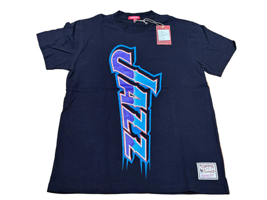 Utah Jazz Mitchell & Ness NBA Retro Hardwood Classic HWC Big Face 3.0 Oversized Short Sleeve T Shirt Women’s Black Blue Medium M New NWT