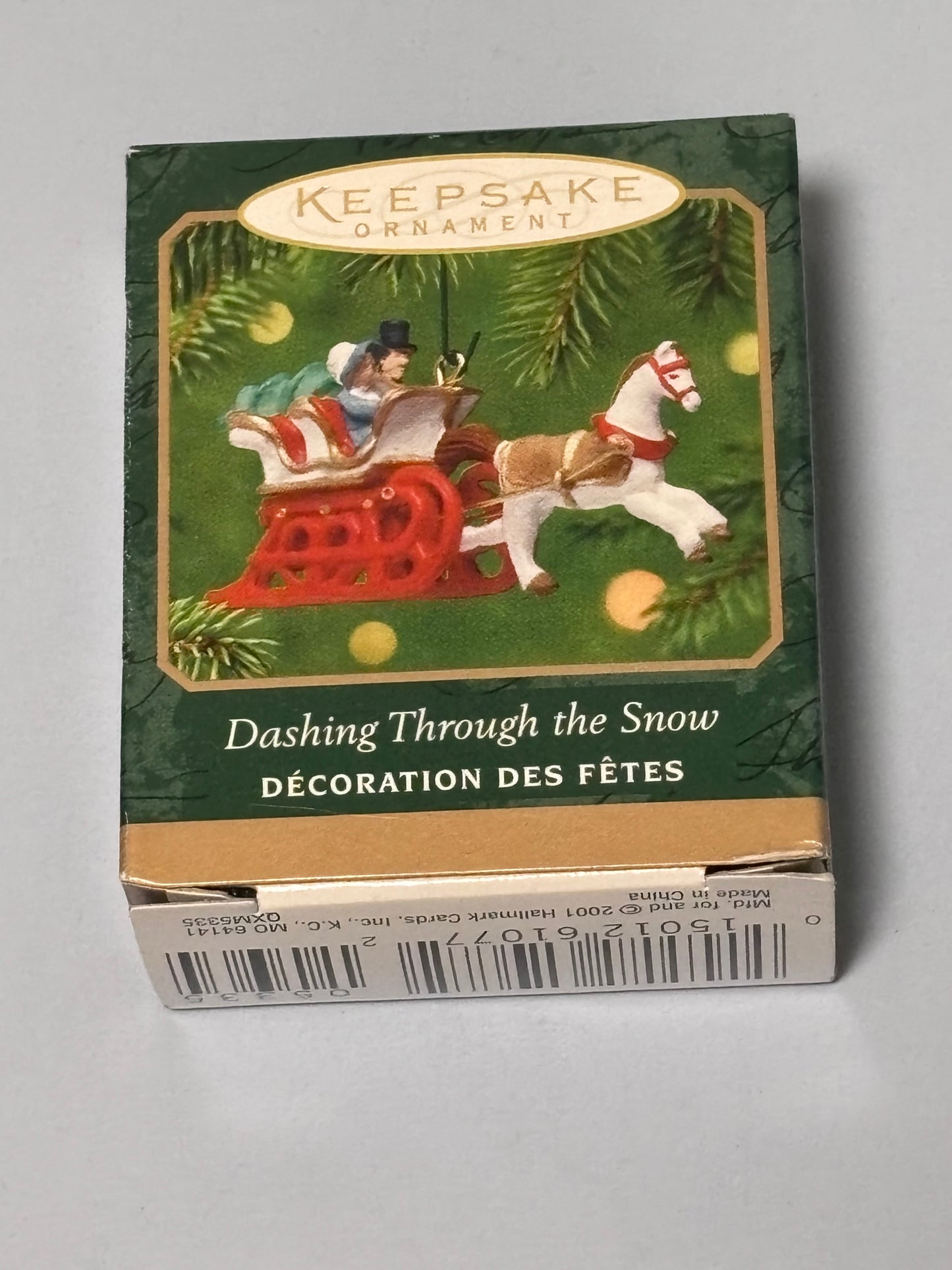 2001 Dashing Through the Snow: Sleigh, Tree, Couple: Hallmark Miniature Ornament