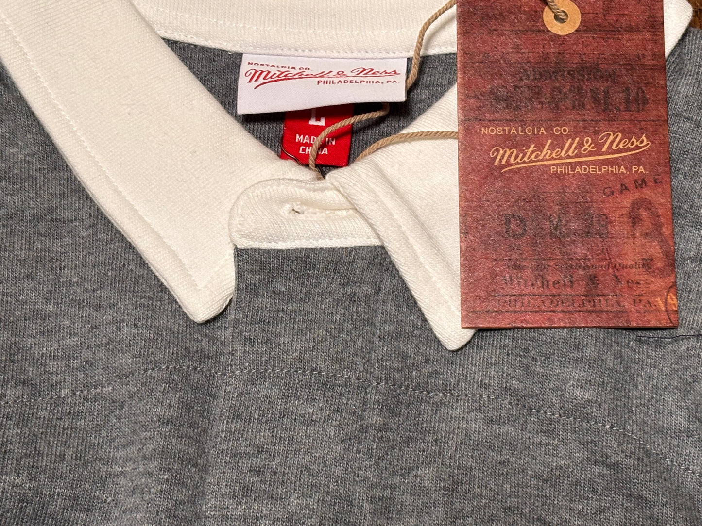 Mitchell & Ness Branded Sports Polo Rugby Blocked Long Sleeve Tee T Shirt Navy Blue Heather Gray Men’s Large L New NWT