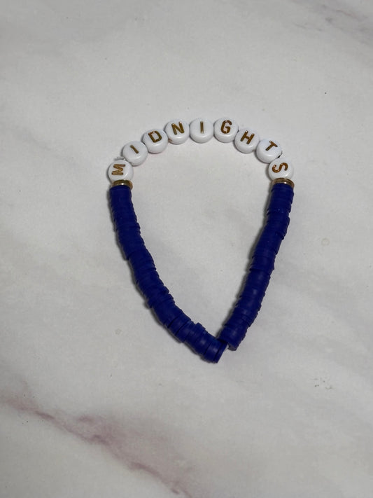 Midnight Blue Heishi Word Bracelet 7 Inch Polymer Clay White Gold Letter Beads
