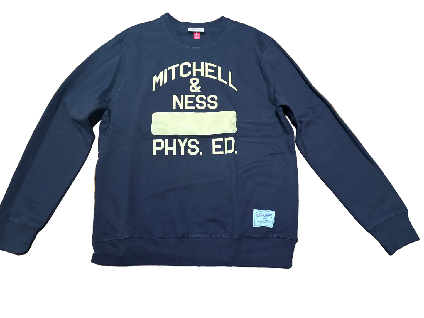 Mitchell & Ness Branded Sports Physical Ed Big Logo Graphic Crewneck Pullover Sweat Shirt Sweater Long Sleeve Tee T Shirt Black White Men’s Large L New NWOT