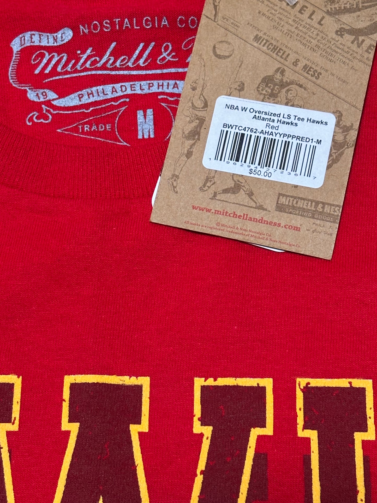 Atlanta Hawks Mitchell & Ness Hardwood Classic HWC NBA Retro Oversized Long Sleeve T Shirt Red Women’s Medium M New NWT