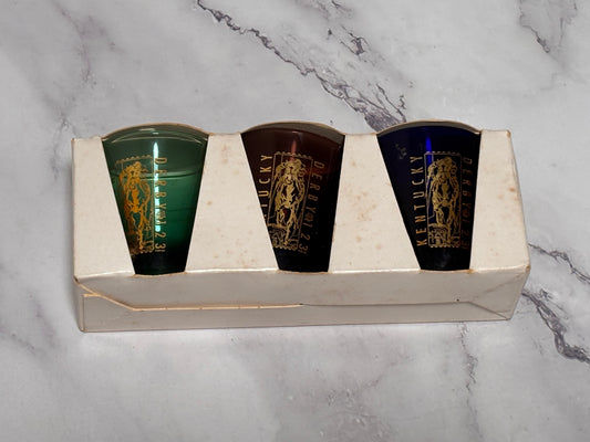 Kentucky Derby 123 Collectible Shot Glass Set 3 Blue Green Black 1997 Vintage
