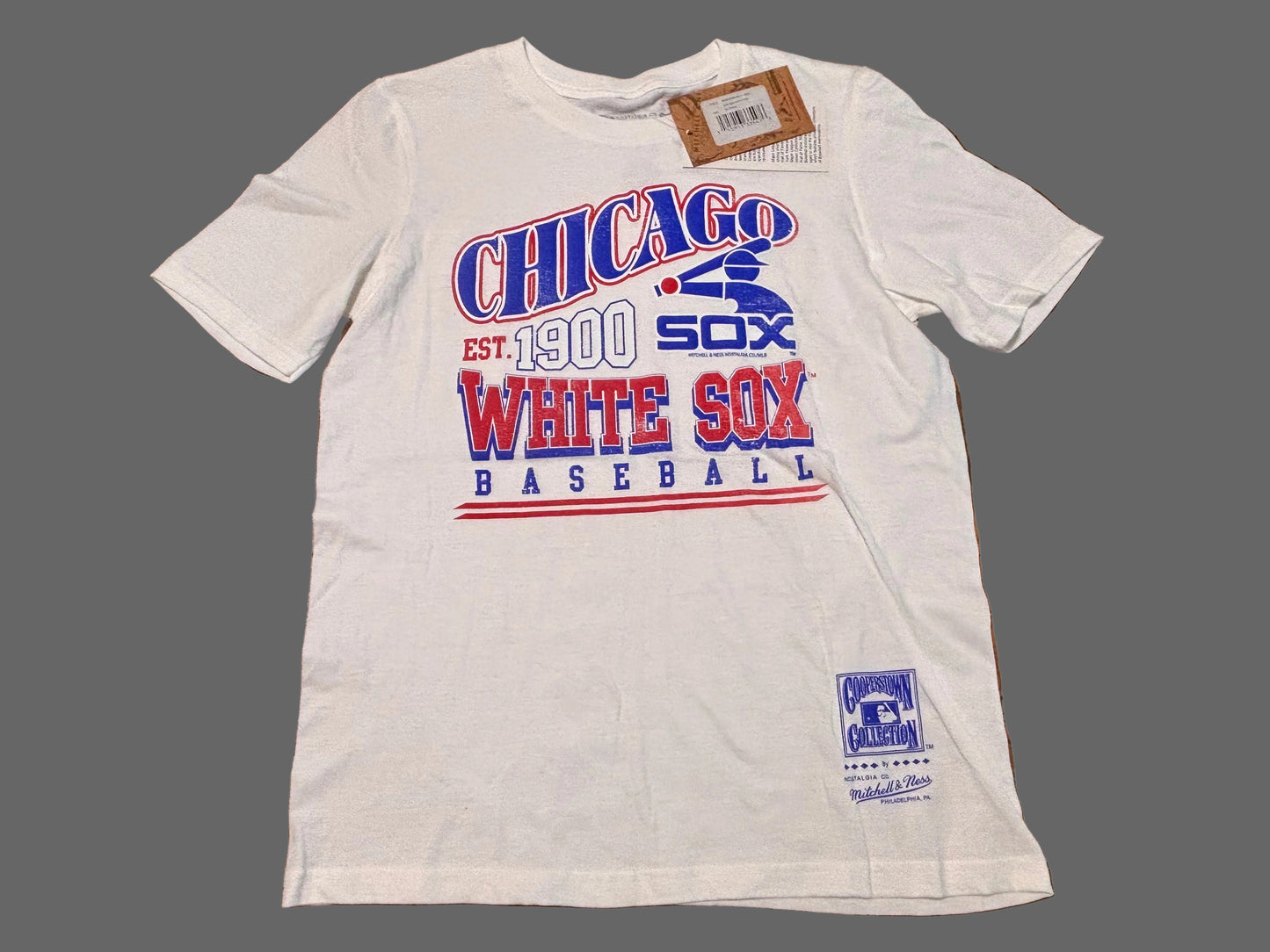 Chicago White Sox Mitchell & Ness Cooperstown Collection MLB Baseball Big Face Logo Team Origins Short Sleeve Shirt T-Shirt White Blue Red Youth Kids Medium M 10-12 New NWT