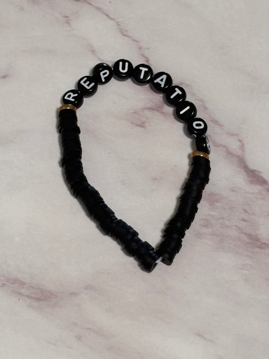 Reputation Black Heishi Word Bracelet 7 Inch Polymer Clay Black White Letter Beads