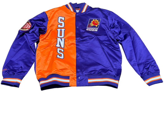 Phoenix Suns Mitchell & Ness NBA Retro Hardwood Classic HWC Split Satin Full Snap Lightweight Bomber Jacket Orange Purple Mens L Large New NWOT