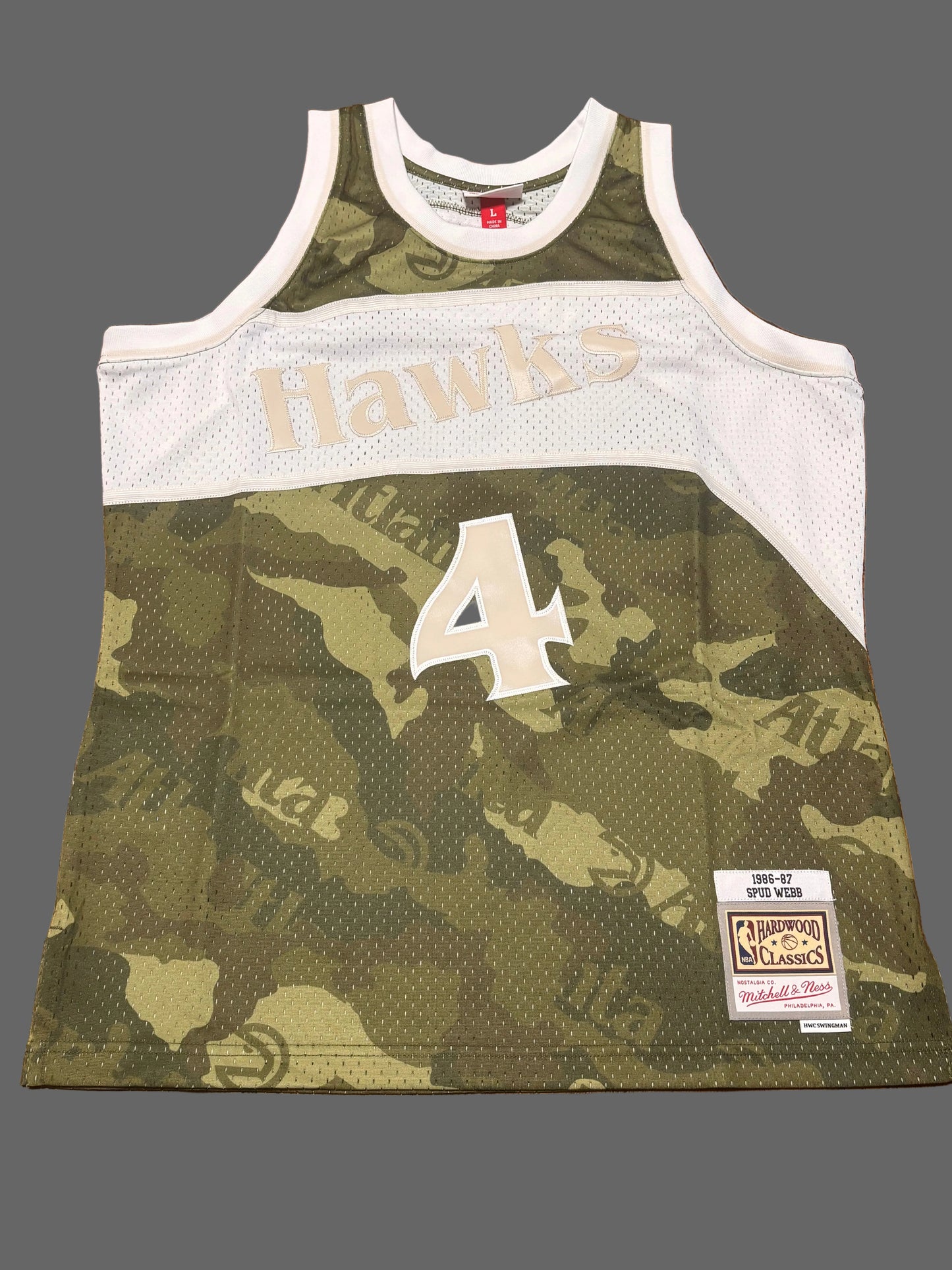 Spud Webb Atlanta Hawks Mitchell & Ness Hardwood Classic HWC NBA Retro Swingman 1986-87 Camo Jersey Ghost Green White Men’s Large L New NWOT