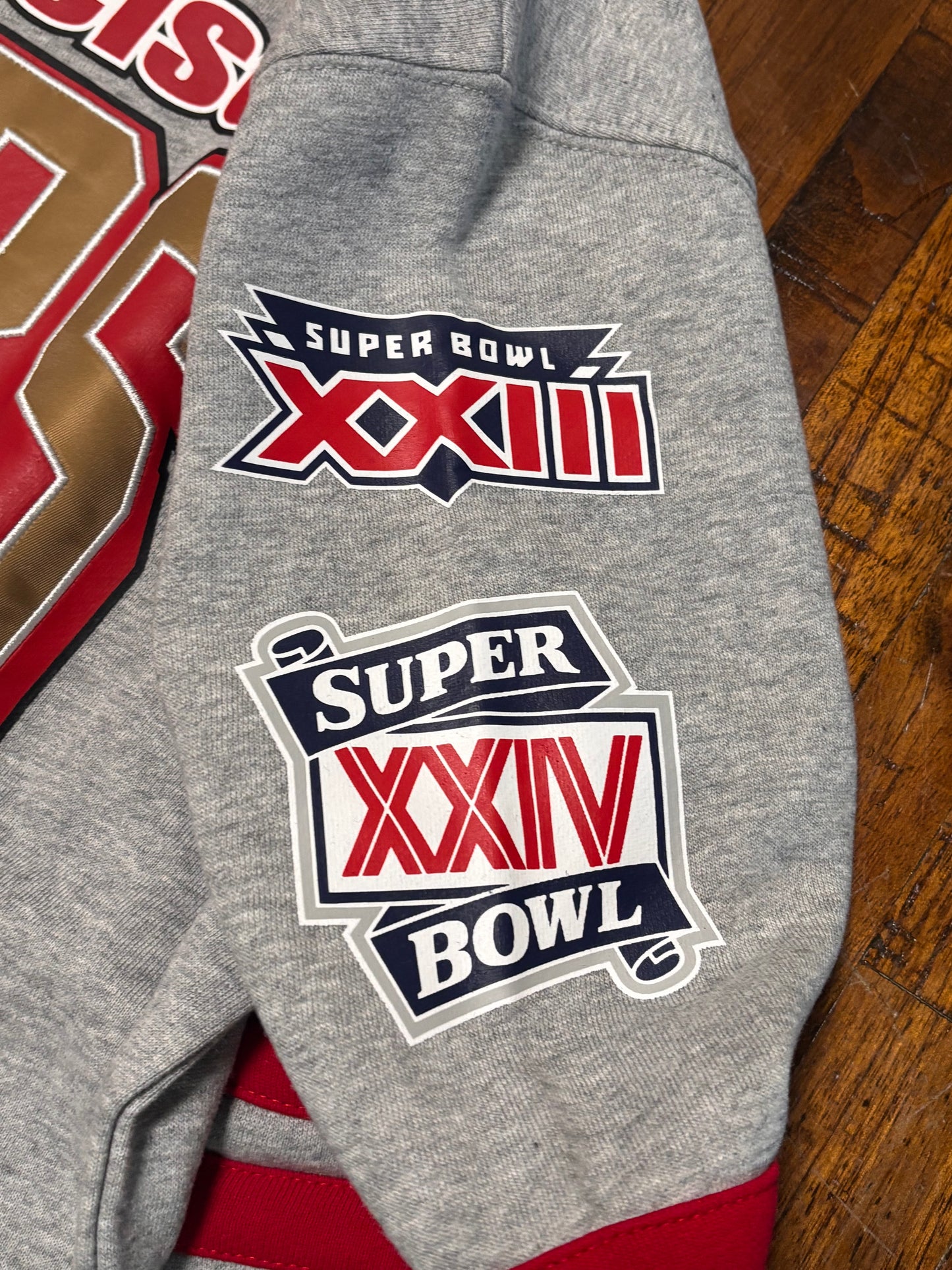 San Francisco 49ers Mitchell & Ness Throwback NFL Super Bowl Champions Big Face Logo All Over Print Long Sleeve Pullover Sweat Shirt Sweater Heather Gray Red Men’s Large L New NWOT
