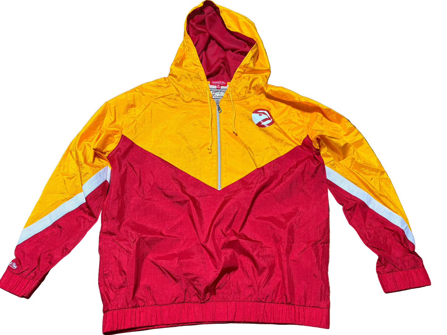 Atlanta Hawks Mitchell & Ness Hardwood Classic HWC NBA Retro Split Color Half Zipper Lightweight Jacket Windbreaker Hooded Red Yellow Women’s Medium M New NWOT