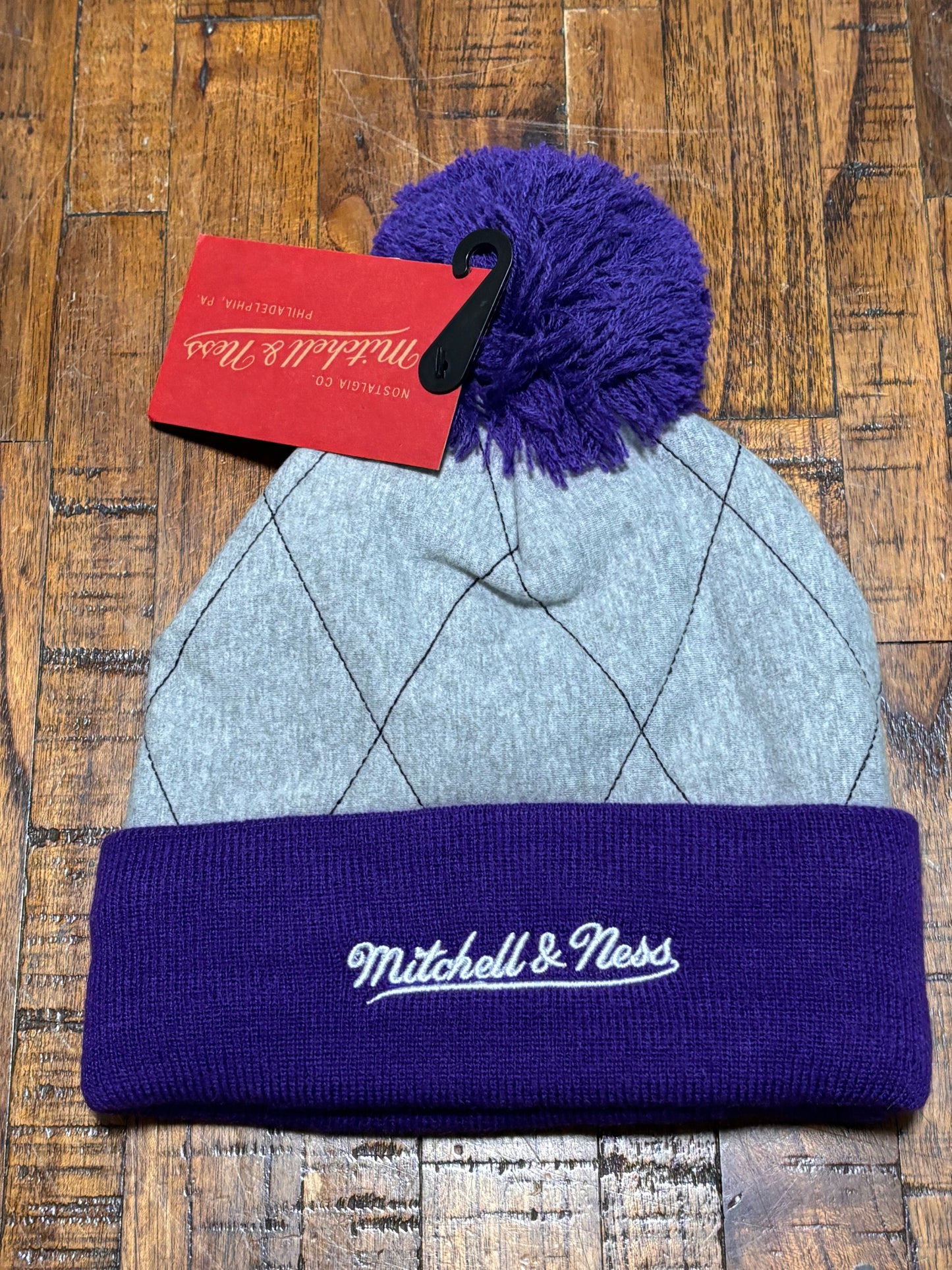 Utah Jazz Mitchell & Ness NBA Retro Hardwood Classic HWC Two Tone Quilted Knit Skull Cap Pom Pom Beanie Hat Purple Heather Gray New NWT