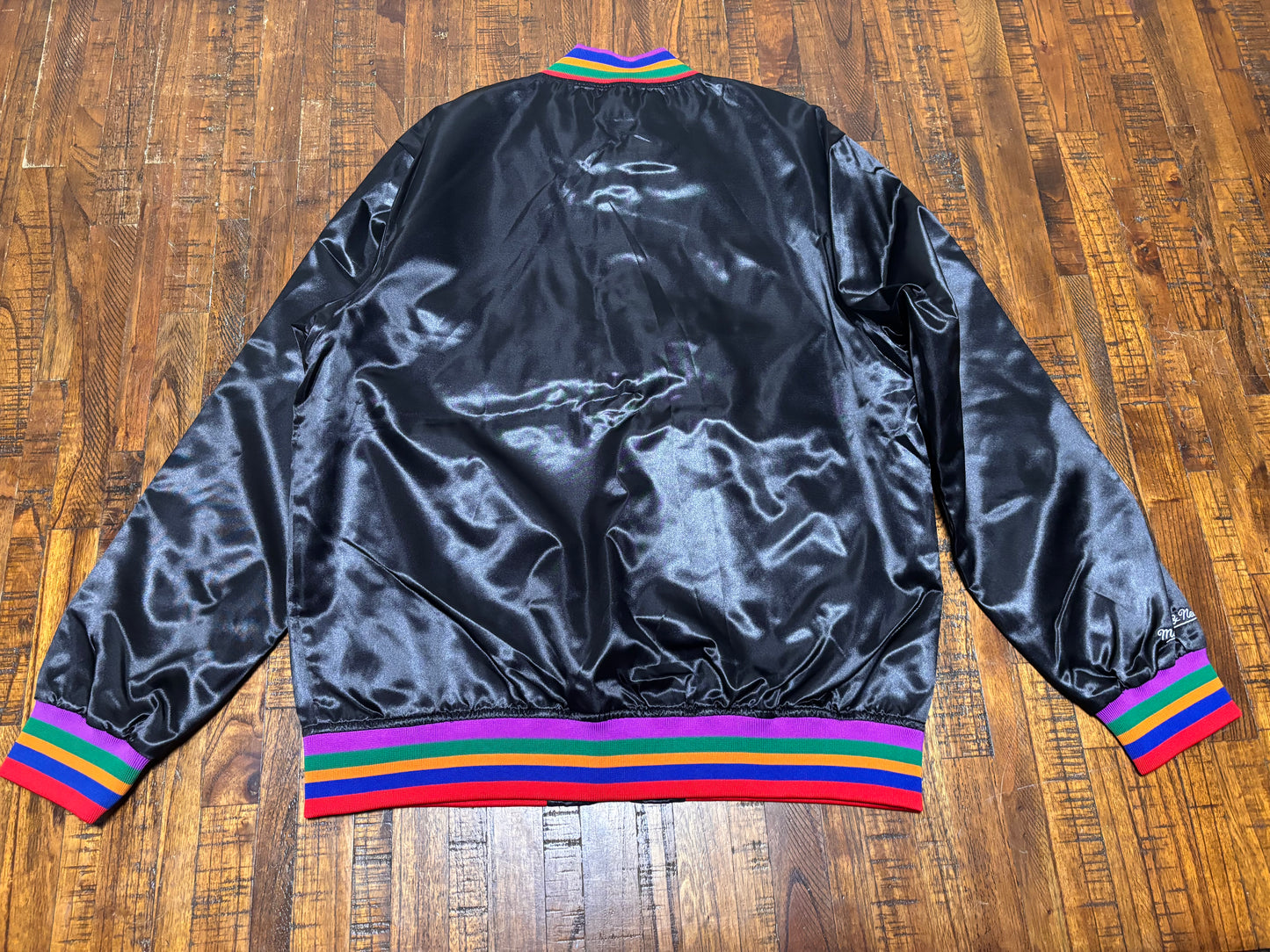 Mitchell & Ness Branded Sports Athletic Goods Pullover Long Sleeve Bomber Jacket Black Rainbow Striped Trim Cuffs Men’s Large L New NWOT