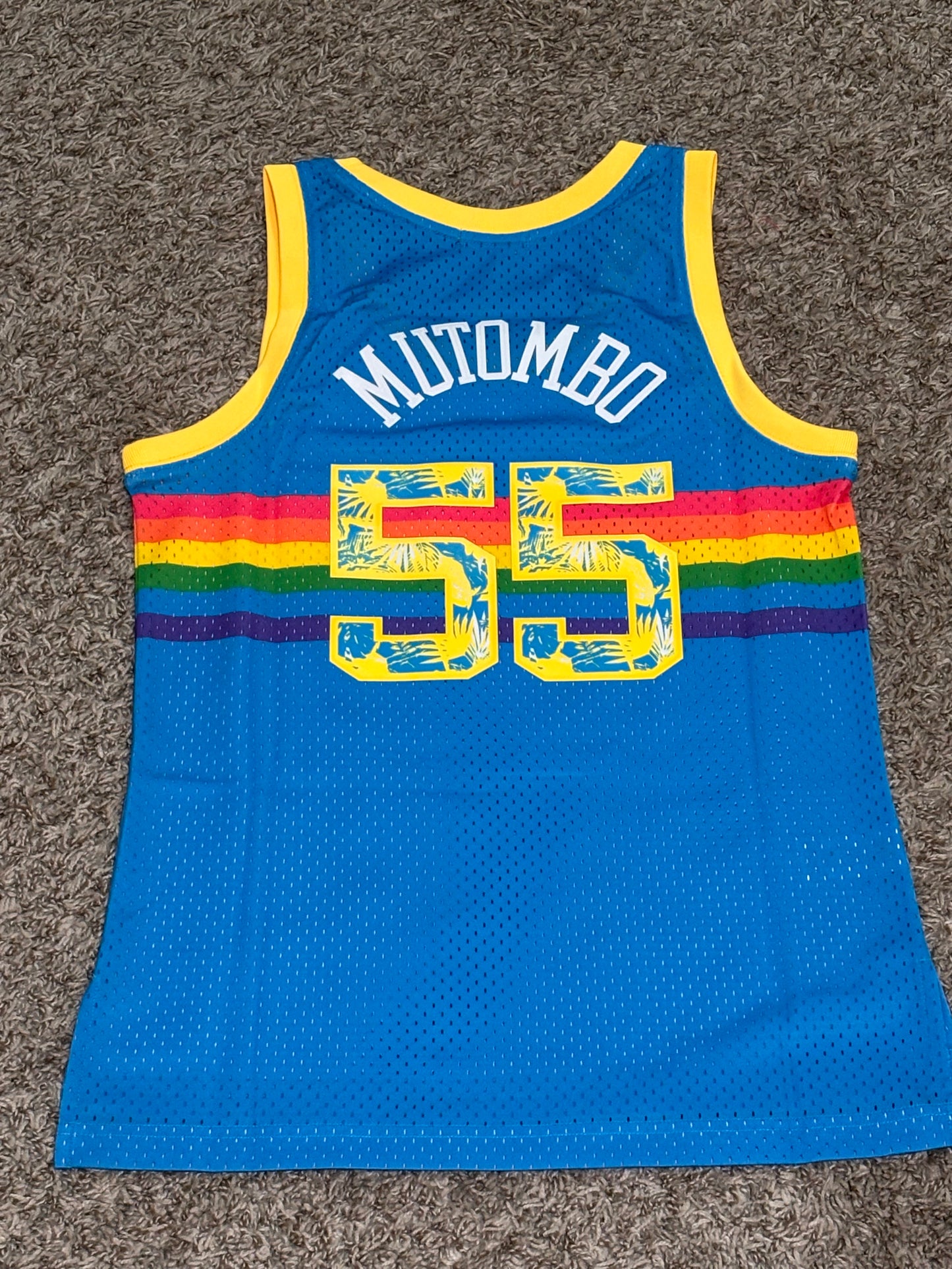 Denver Nuggets #55 Mitchell & Ness NBA Dikembe Mutombo Rainbow Tropical HWC 1991-92 Hardwood Classic Swingman Blue Jersey Women’s Medium M NWOT New