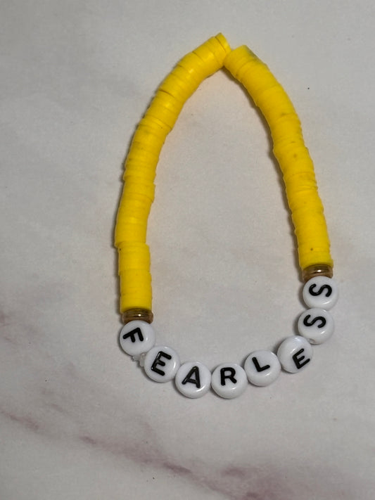 Fearless Yellow Heishi Word Bracelet 7 Inch Polymer Clay Gold White Letter Beads