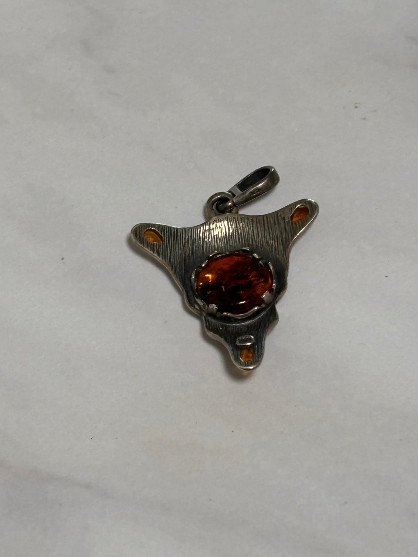 925 Sterling Silver Skull Pendant With Amber Cognac Natural Stone