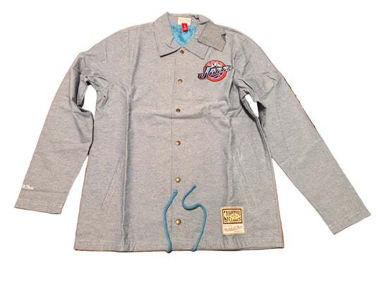 Utah Jazz Mitchell & Ness NBA Retro Hardwood Classic HWC Denim Proto Full Snap Button Long Sleeve Tee Shirt Blue Mens Large L New NWOT