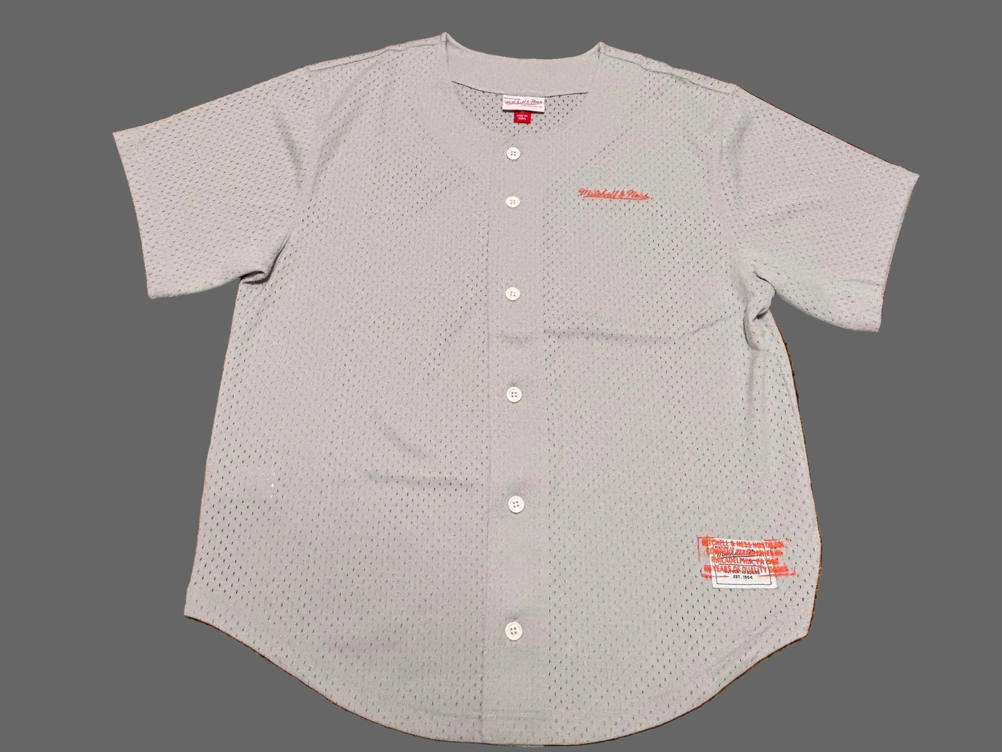 Mitchell & Ness Branded Mesh Short Sleeve Baseball Jersey Shirt Gray Cream Men’s Large L New NWOT