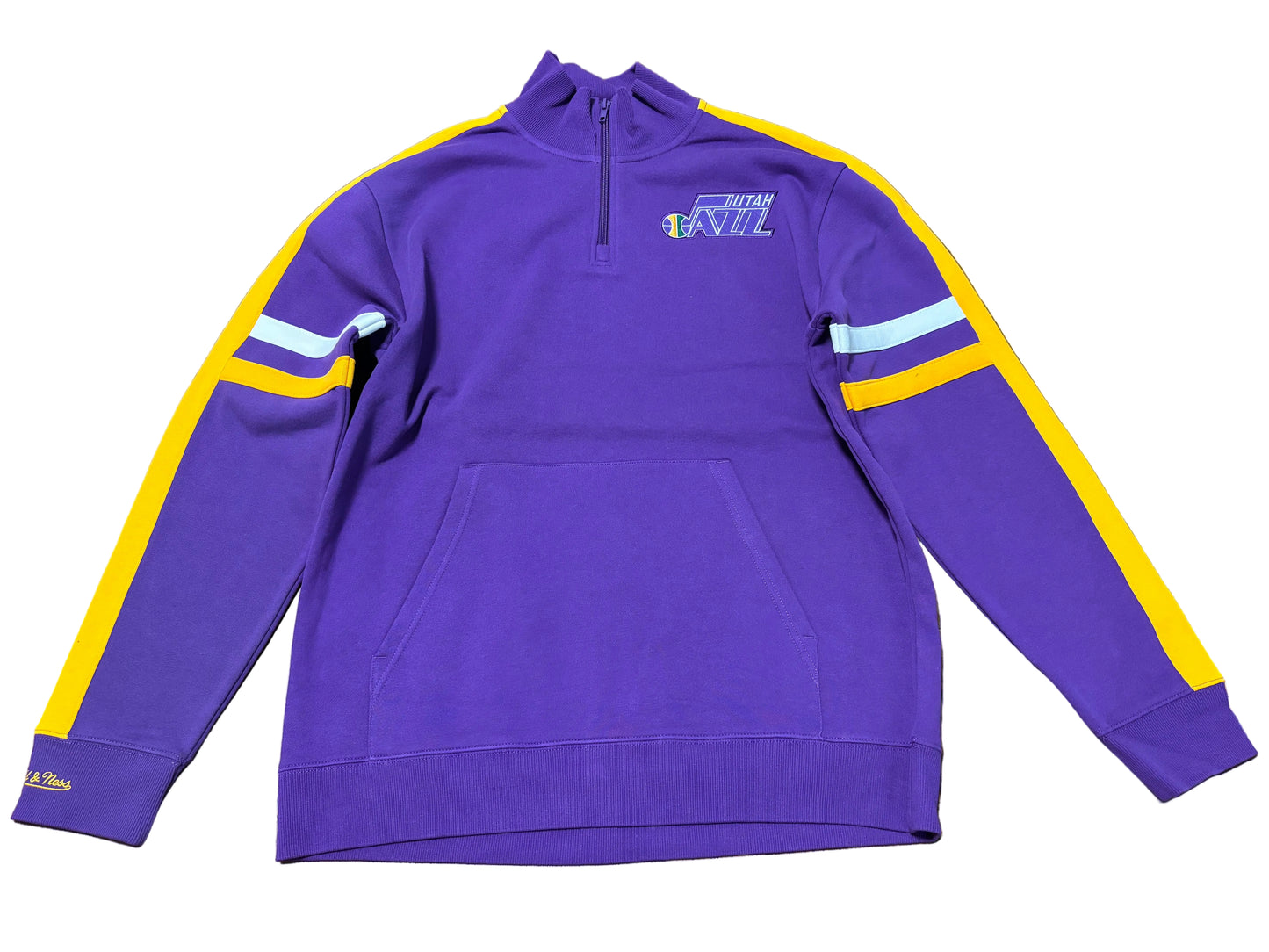 Utah Jazz Mitchell & Ness NBA Retro Hardwood Classic HWC 1/4 Quarter Zipper Pullover Sweat Shirt Purple Gold Mens Large L New NWOT
