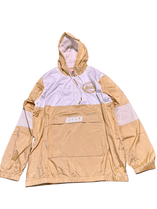 Houston Rockets Mitchell & Ness NBA Retro Hardwood Classic HWC Surprise Win Long Sleeve Hooded Hood Pullover Wind Breaker Jacket Cream White Gold Men’s Large L New NWOT