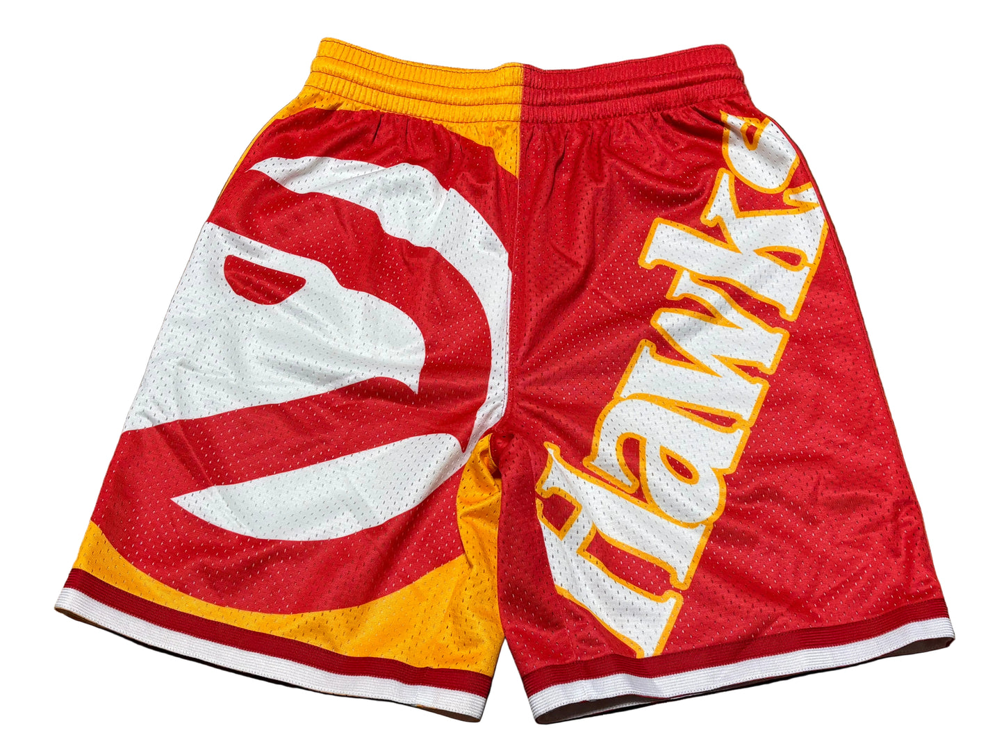 Atlanta Hawks Mitchell & Ness NBA Retro Hardwood Classic HWC Big Face 5.0 Split Shorts Red Yellow Youth Kids Medium M 10-12 New NWOT
