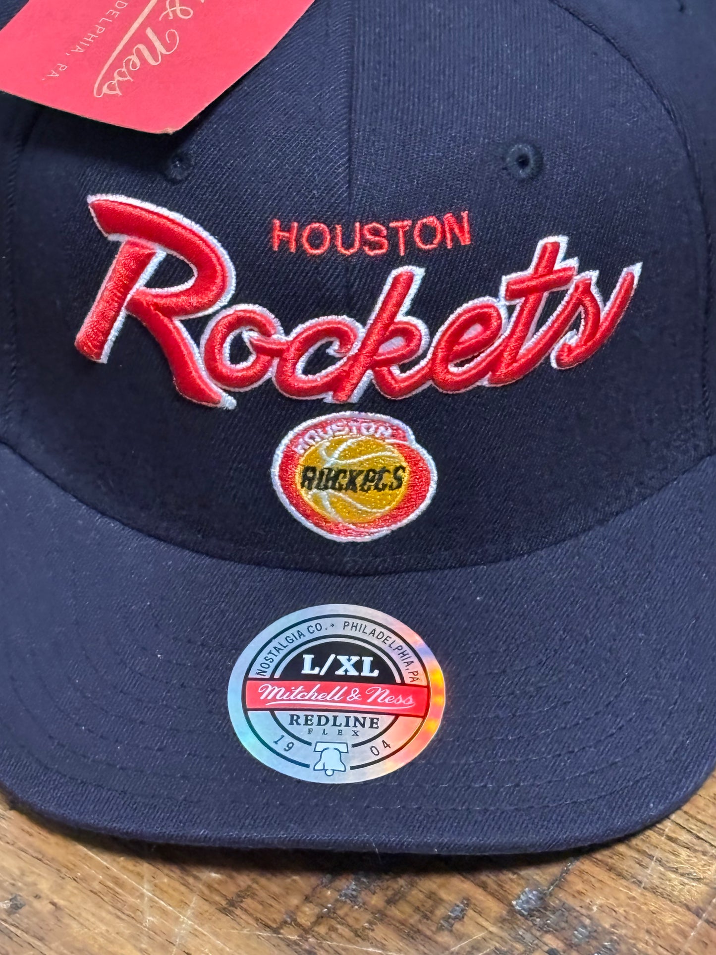 Houston Rockets Mitchell & Ness NBA Basketball HWC Hardwood Classics Foundation Script Redline Flex Fitted Hat Cap Red Black Gold New NWT