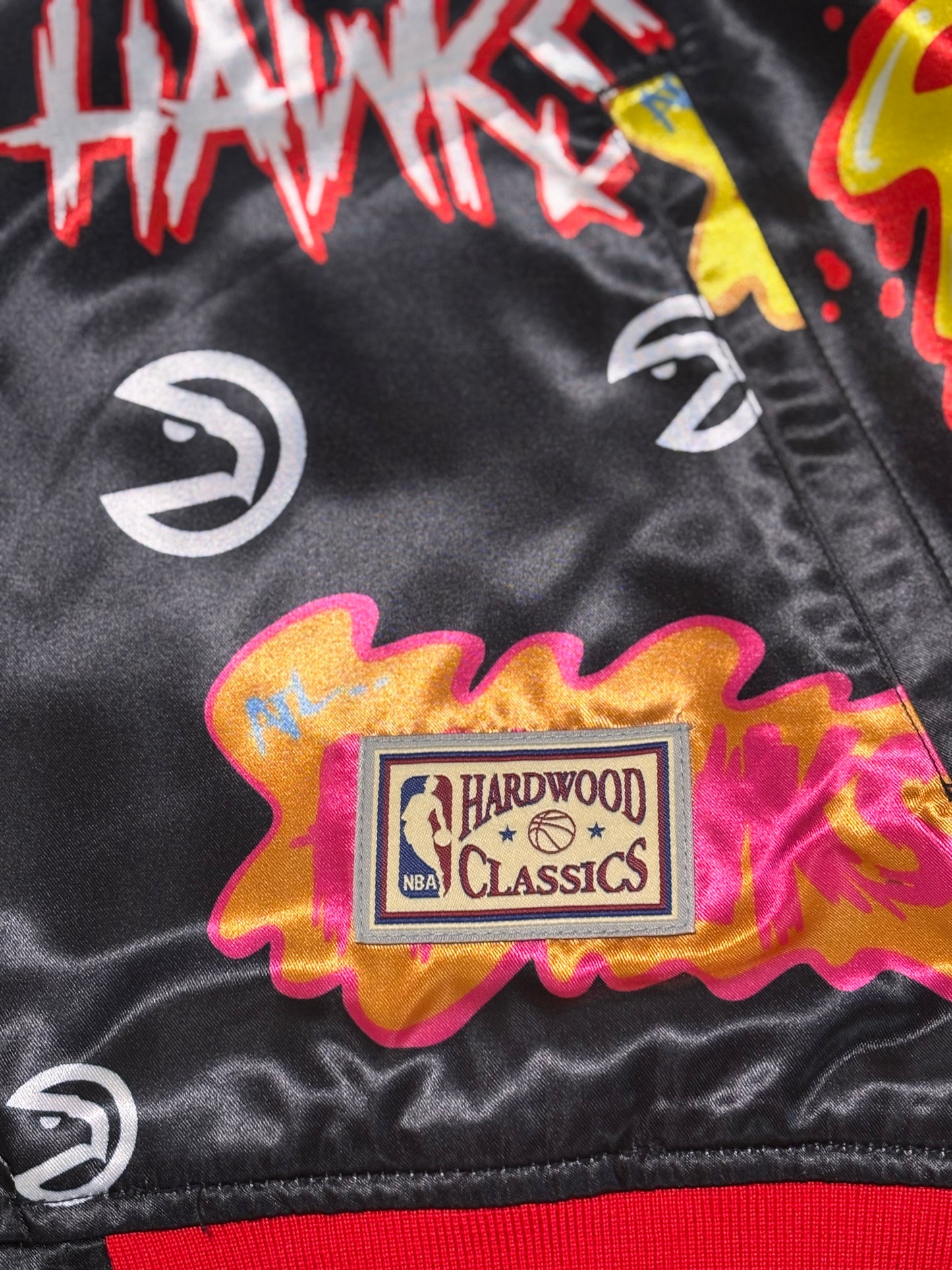 Atlanta Hawks Mitchell & Ness Hardwood Classic HWC NBA Retro Slap Sticker Reversible Varsity Jacket Long Sleeve Black Men’s Large L New NWOT