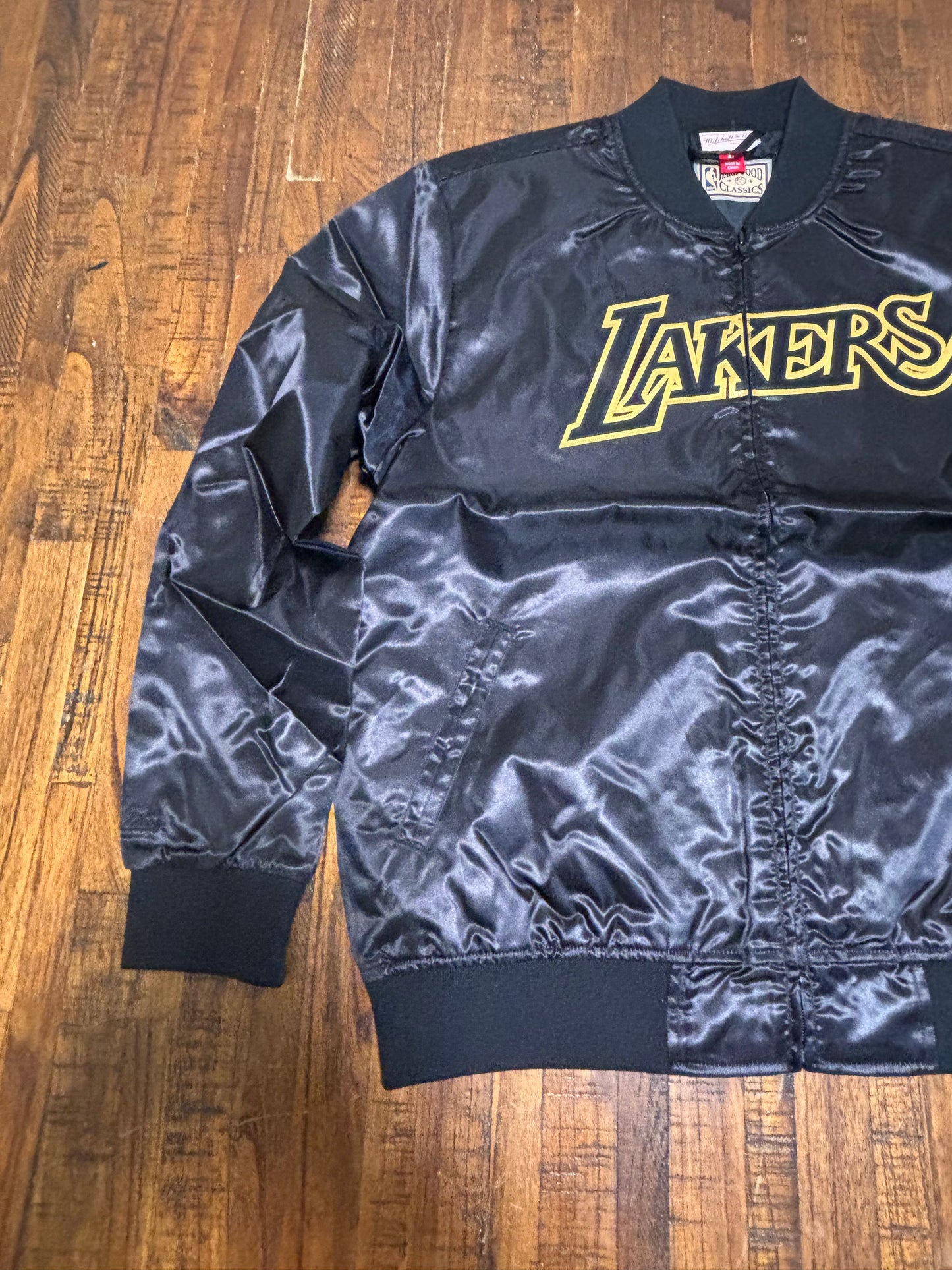 Los Angeles LA Lakers Mitchell & Ness HWC Hardwood Classic Black  Big Face 4.0 Satin Full-Zip Jacket Mens Large L New NWOT