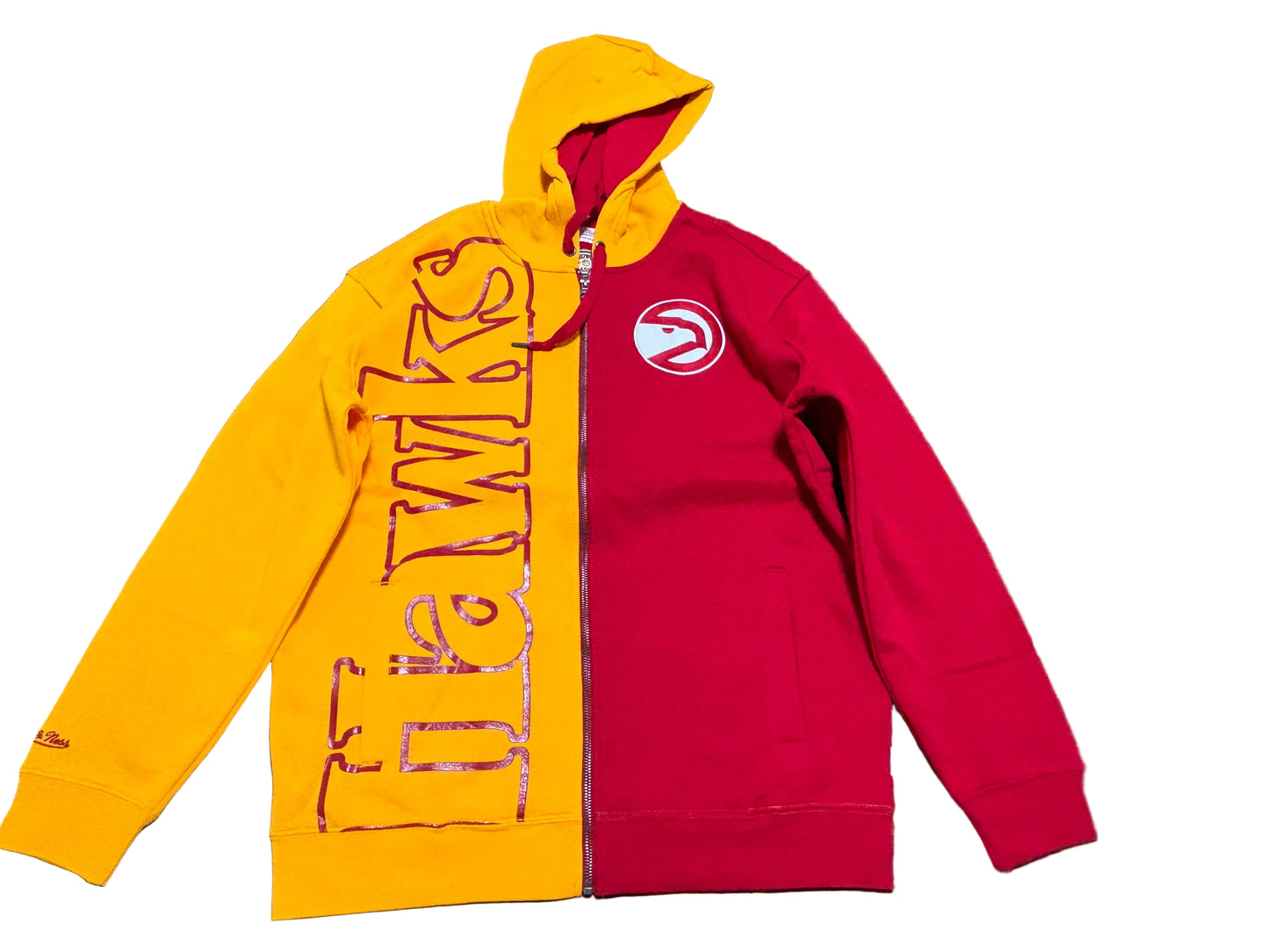 Atlanta Hawks Mitchell & Ness Hardwood Classic HWC NBA Retro Color Block Full Zipper Hoodie Hooded Sweat Shirt Red Yellow Gold Men’s Large L New NWT