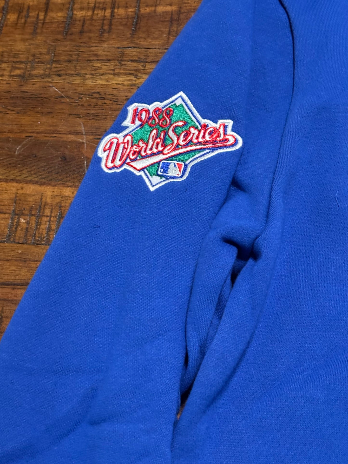 Los Angeles LA Dodgers Mitchell & Ness MLB Baseball Cooperstown City Collection Big Face Team Logo 1988 World Series Patch Long Sleeve Shirt Sweater Hooded Hoodie Royal Blue White Mens Large L New NWOT