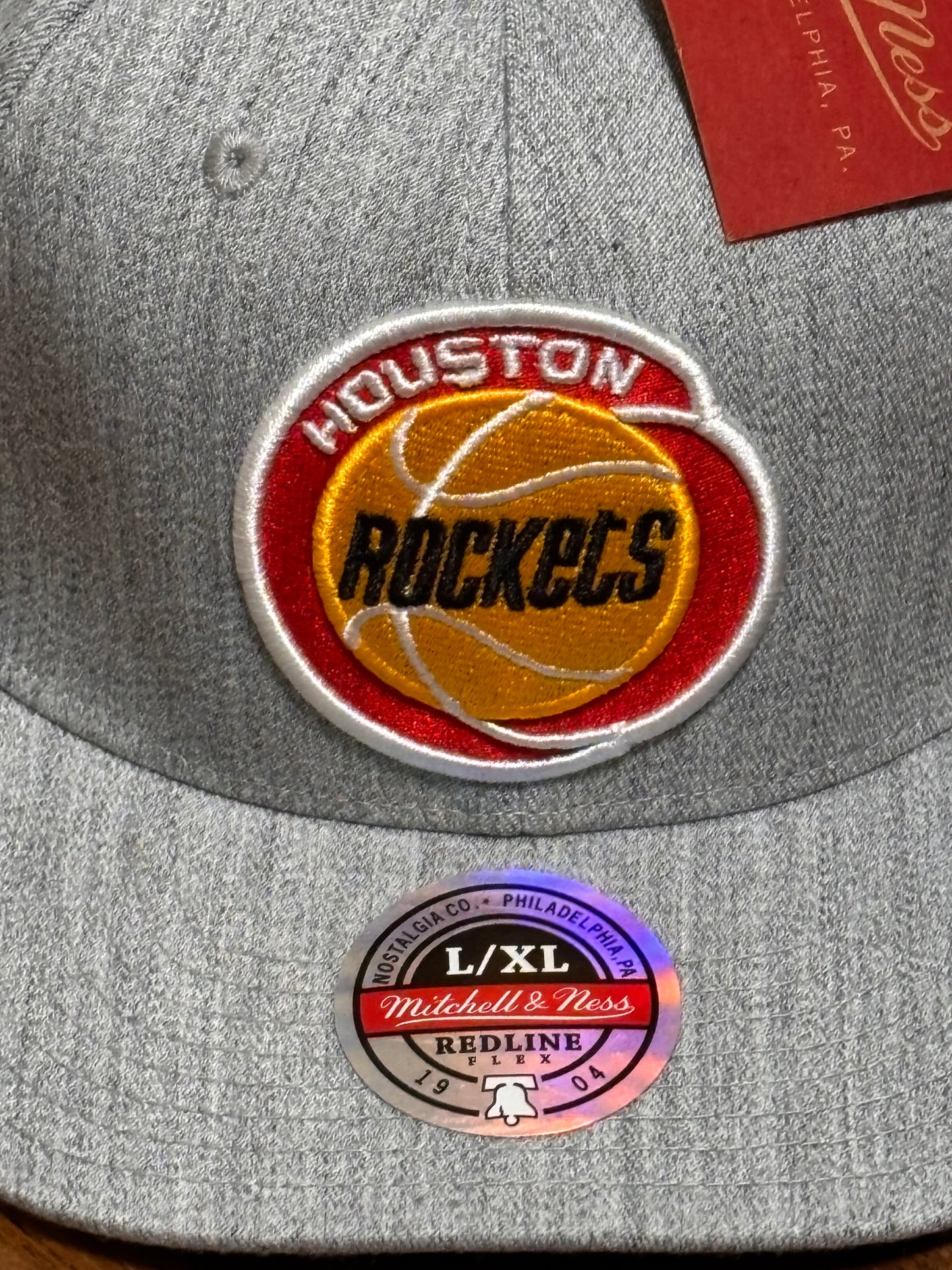 Houston Rockets Mitchell & Ness NBA Basketball HWC Hardwood Classics Redline Flex Fitted Large L Extra XL Hat Cap Red Heather Gray Gold New NWT