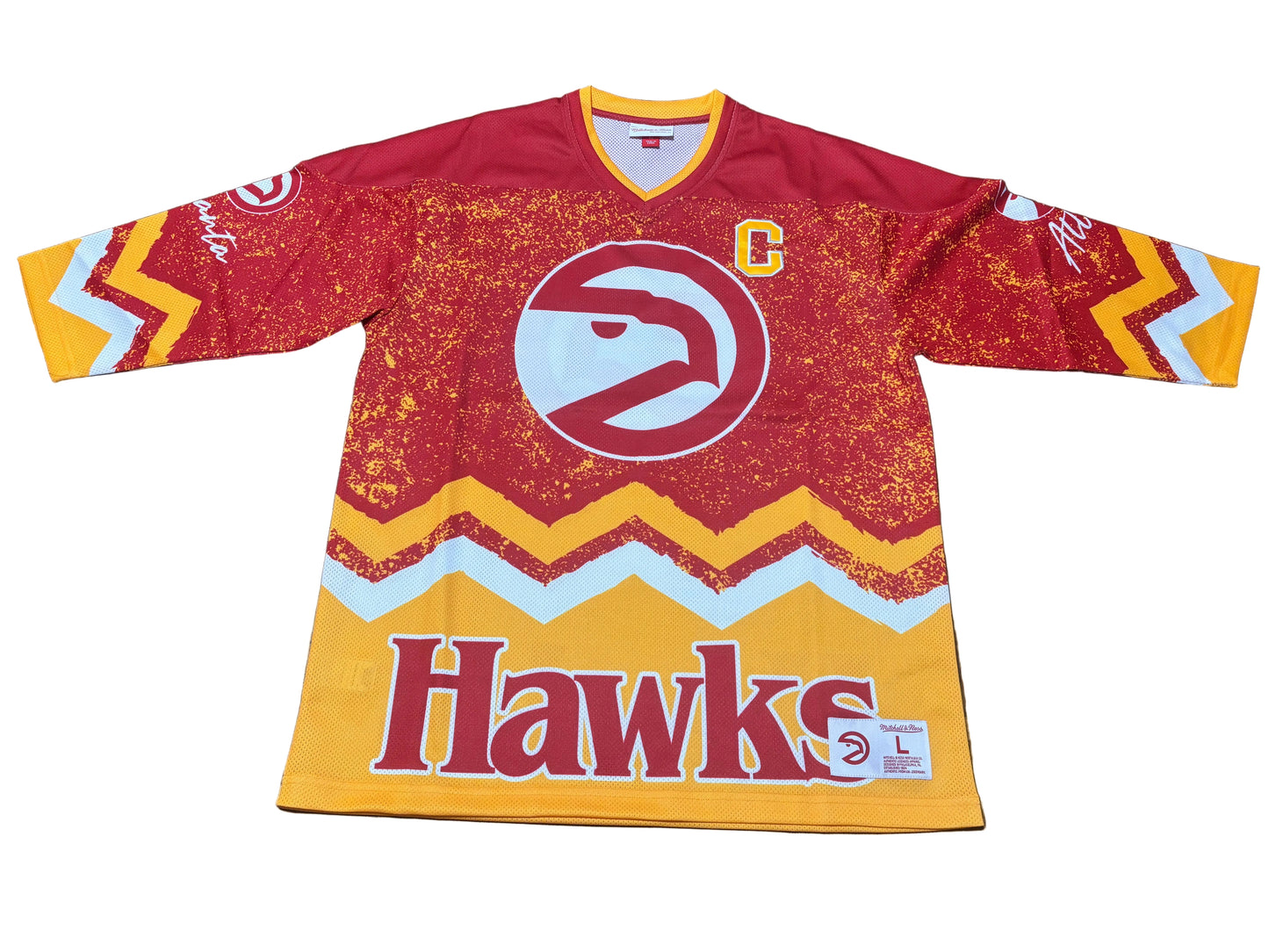 Atlanta Hawks Mitchell & Ness Hardwood Classic HWC NBA Retro Big Face 5.0 C 3/4 Short Sleeve Shirt Red Yellow Men’s Large L New NWOT