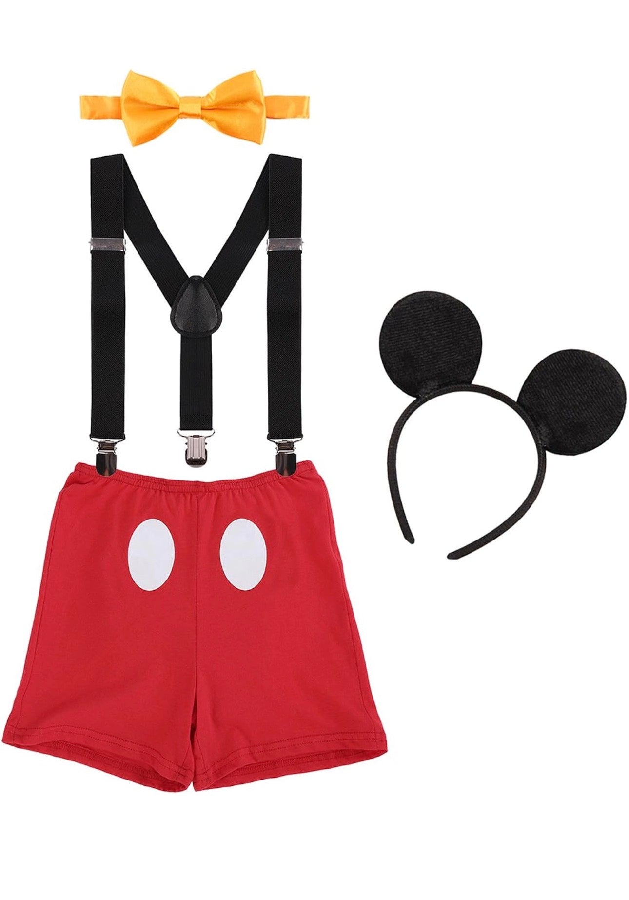 Mickey Mouse Disney Inspired Set of 4, 12-18 Months First Birthday 1st/2nd Costume Outfit Suspenders Shorts Bow tie Mouse Ear