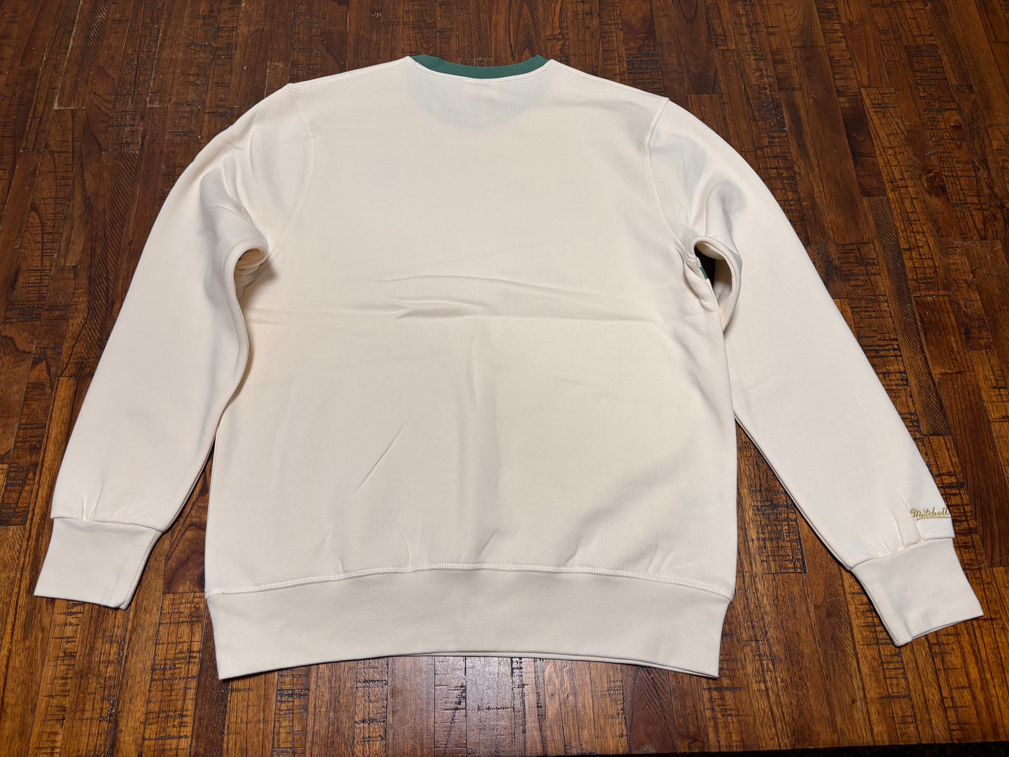 Mitchell & Ness Branded Sports Athletic Goods Pullover Long Sleeve Tee T Sweat Shirt Sweater Fleece White Cream Green Striped Trim Men’s Large L New NWOT
