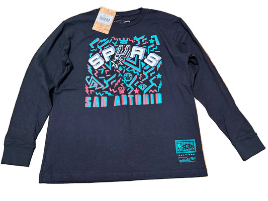San Antonio Spurs Mitchell & Ness NBA Retro Hardwood Classic HWC Dynamic Long Sleeve T Shirt Black Youth Kids Medium M 10-12 New NWT
