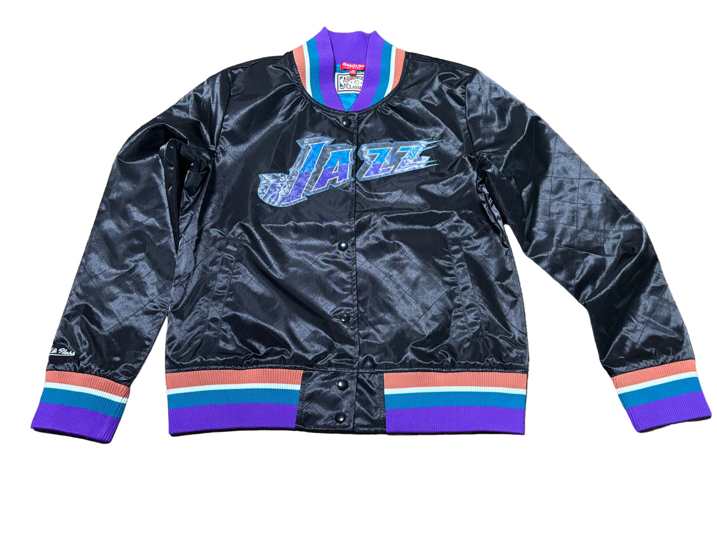 Utah Jazz Mitchell & Ness NBA Retro Hardwood Classic HWC 75th Anniversary Full-Snap Button Pullover Long Sleeve Wind Breaker Jacket Women’s Purple Teal Medium M New NWOT