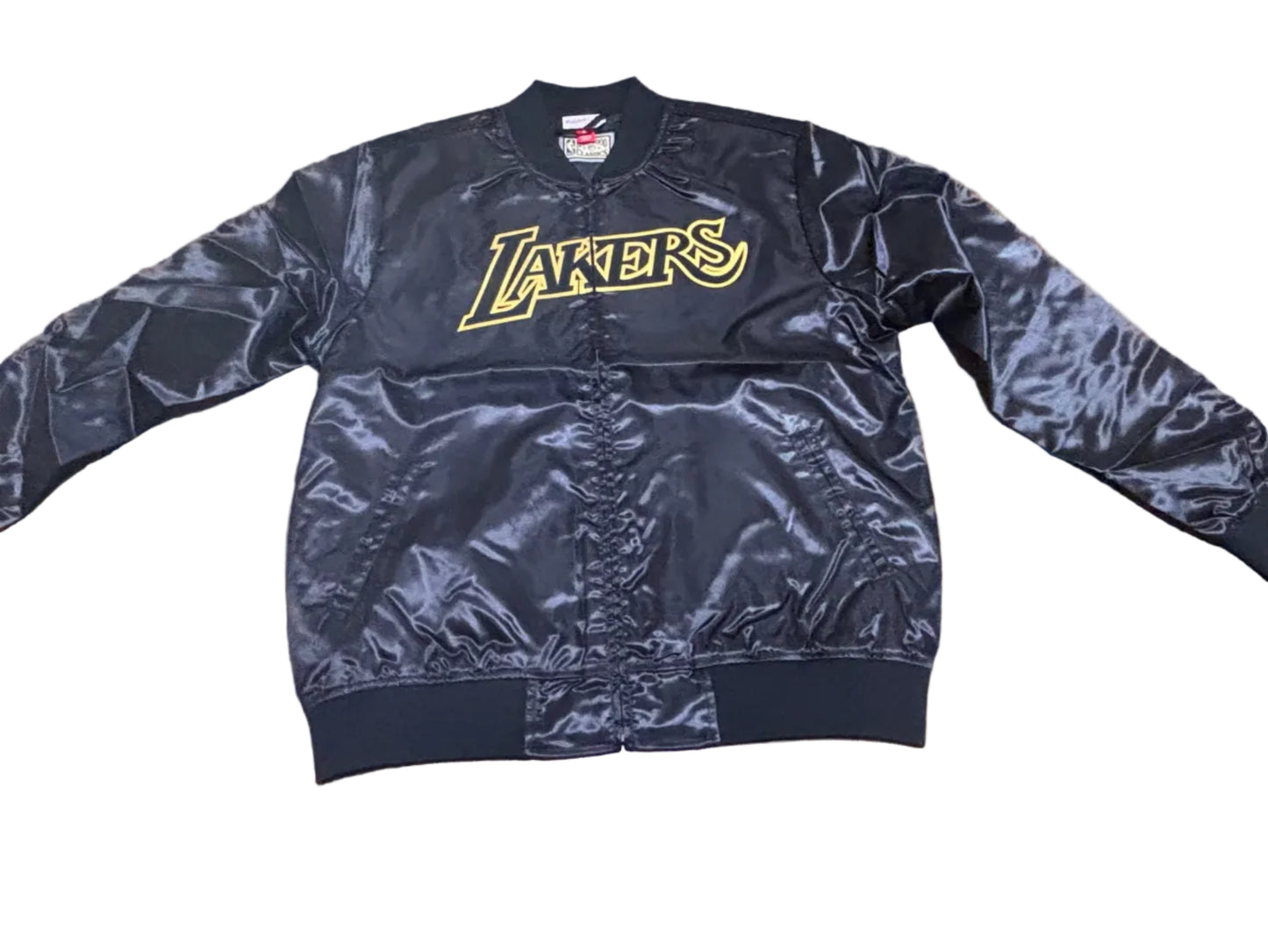 Los Angeles LA Lakers Mitchell & Ness HWC Hardwood Classic Black  Big Face 4.0 Satin Full-Zip Jacket Mens Large L New NWOT