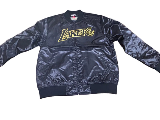 Los Angeles LA Lakers Mitchell & Ness HWC Hardwood Classic Black  Big Face 4.0 Satin Full-Zip Jacket Mens Large L New NWOT