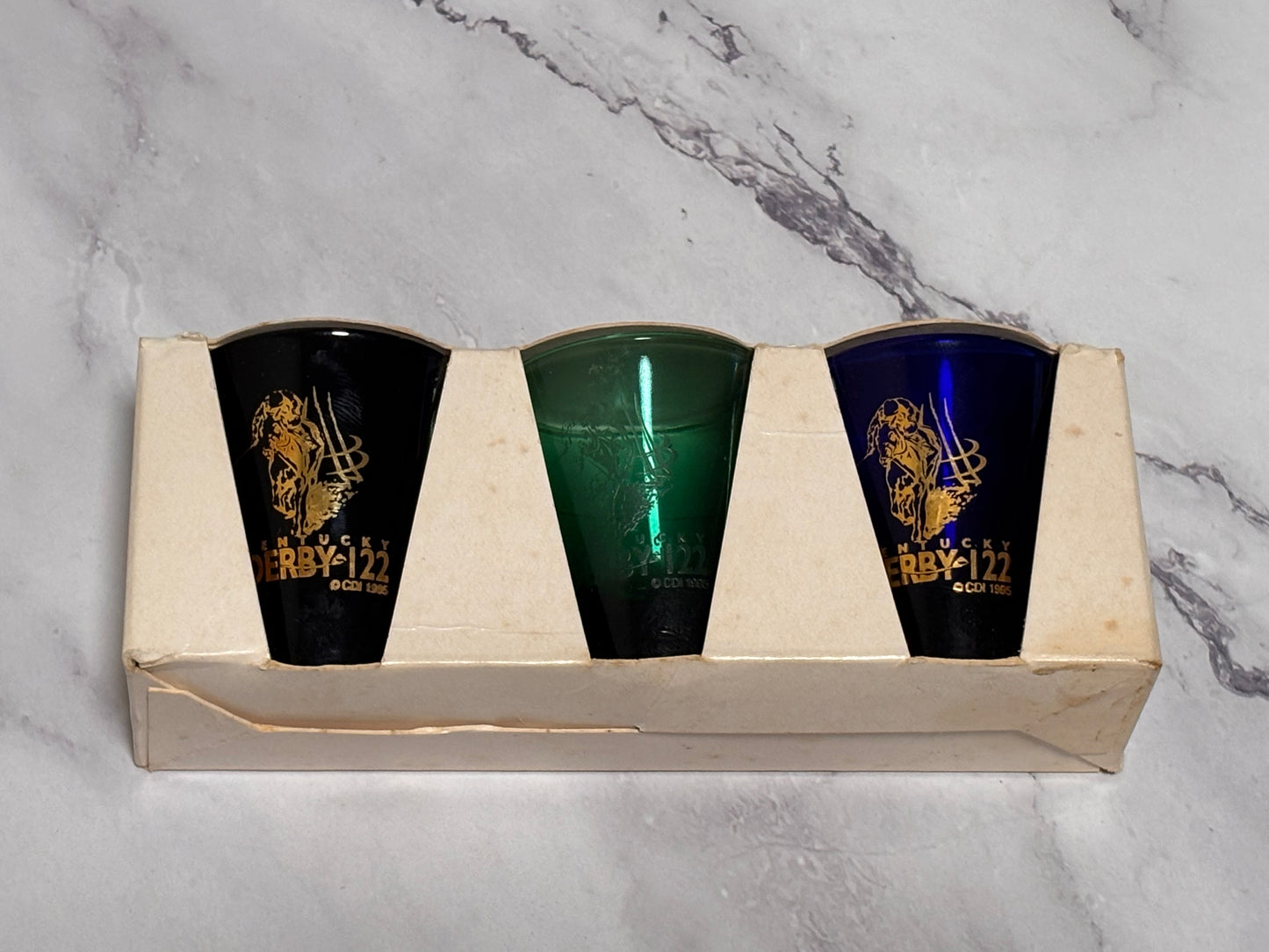 Kentucky Derby 122 Collectible Shot Glass Set 3 Blue Green Black 1996 Vintage