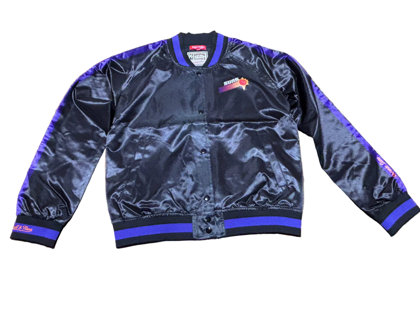Phoenix Suns Mitchell & Ness NBA Retro Hardwood Classic HWC Full Snap Lightweight Bomber Jacket Black Purple Women’s M Medium New NWOT