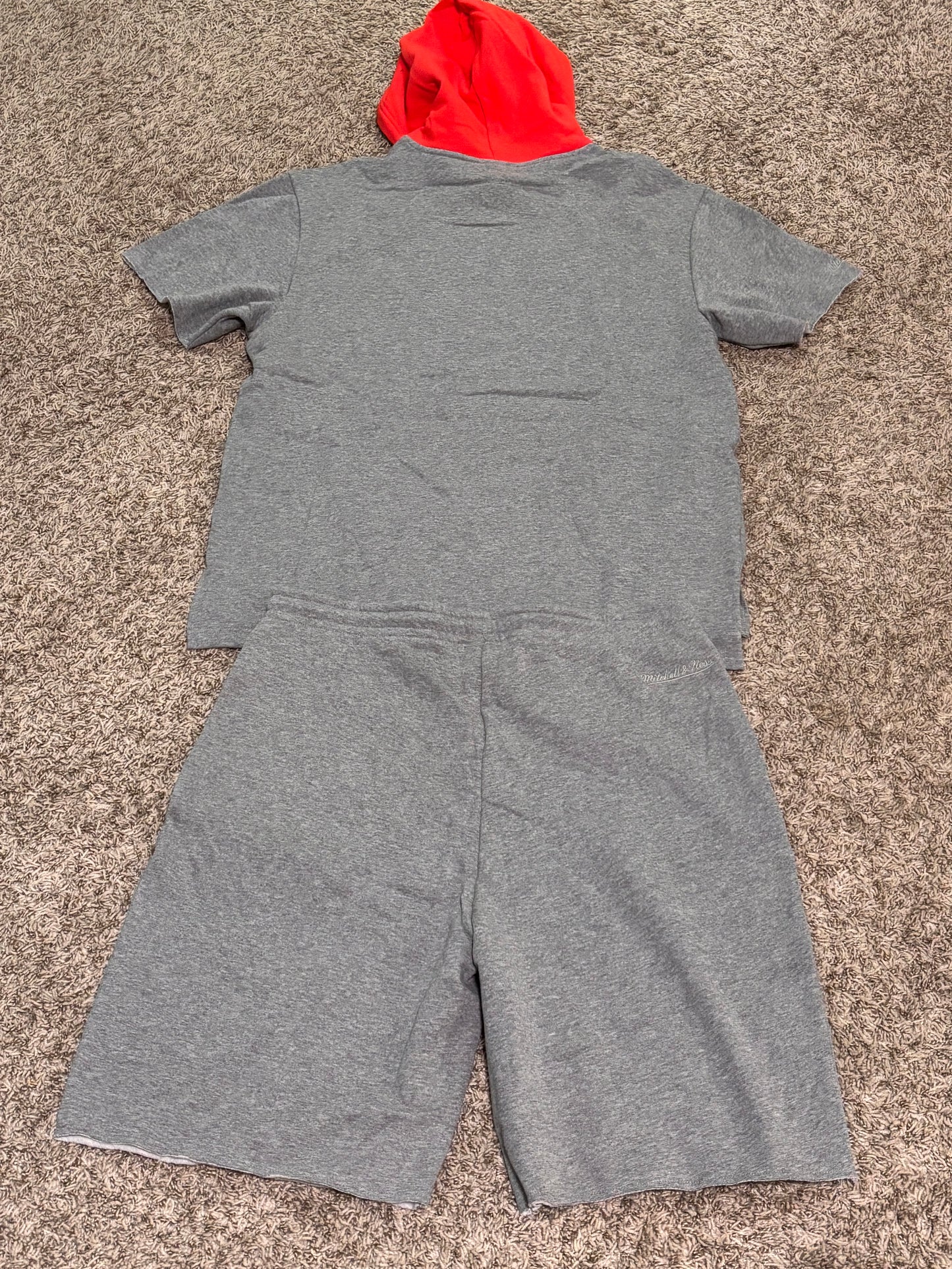 Denver Nuggets Mitchell & Ness NBA Heather Gray Postgame Fleece Short Sleeve Pullover Hoodie & Shorts Men’s Large L New NWOT