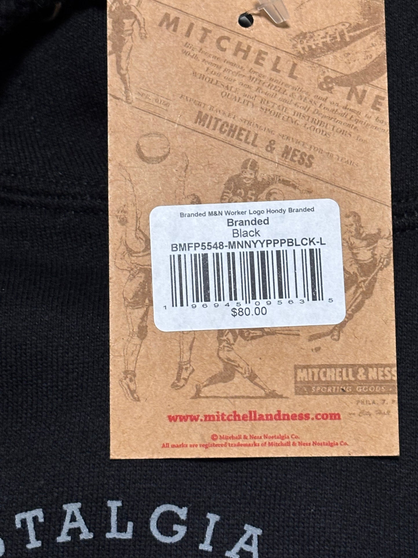 Mitchell & Ness Branded Sports Worker Logo Pullover Sweat Shirt Hoodie Hooded Long Sleeve Tee T Shirt Black Men’s Large L New NWT