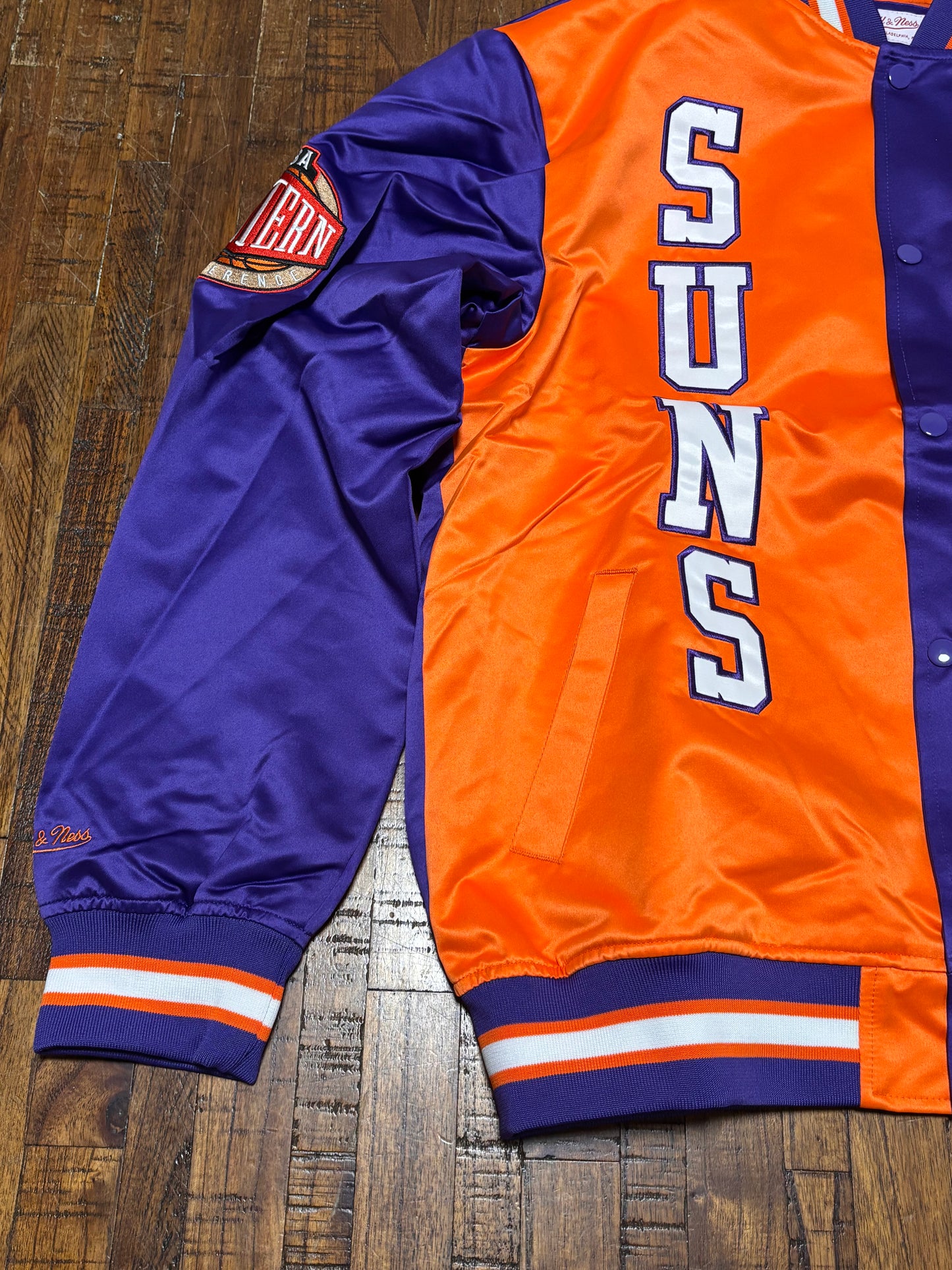 Phoenix Suns Mitchell & Ness NBA Retro Hardwood Classic HWC Split Satin Full Snap Lightweight Bomber Jacket Orange Purple Mens L Large New NWOT