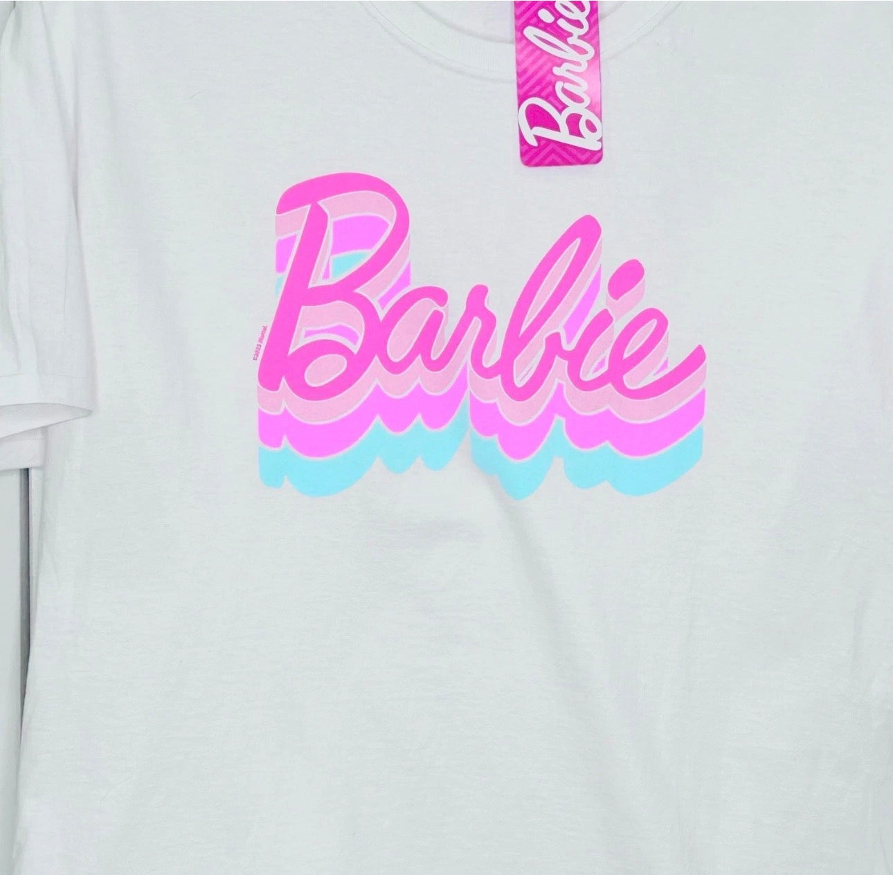 Barbie Fruit of the Loom Mattel T Shirt Women Pink On White Tee Retro Logo Cotton NWT New