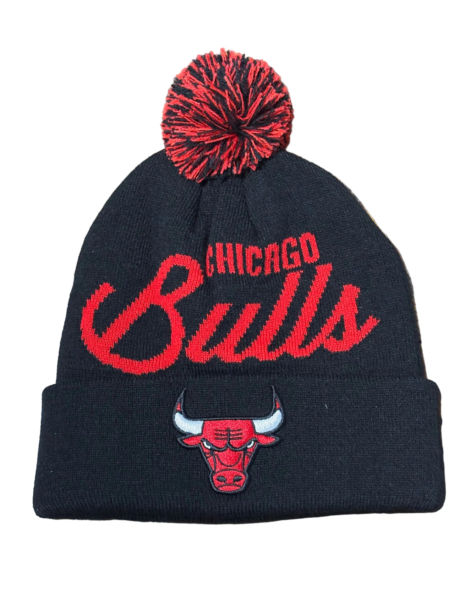 Chicago Bulls Mitchell & Ness NBA Retro Hardwood Classic HWC Two Tone Quilted Knit Skull Cap Pom Pom Beanie Hat Black Red New NWOT
