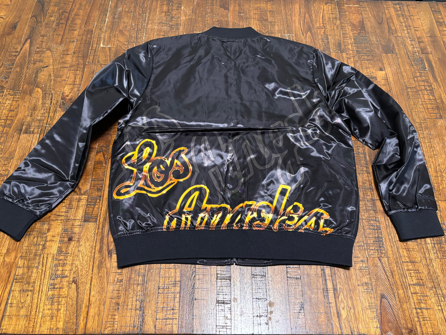 Los Angeles LA Lakers Mitchell & Ness HWC Hardwood Classic Black  Big Face 4.0 Satin Full-Zip Jacket Mens Large L New NWOT