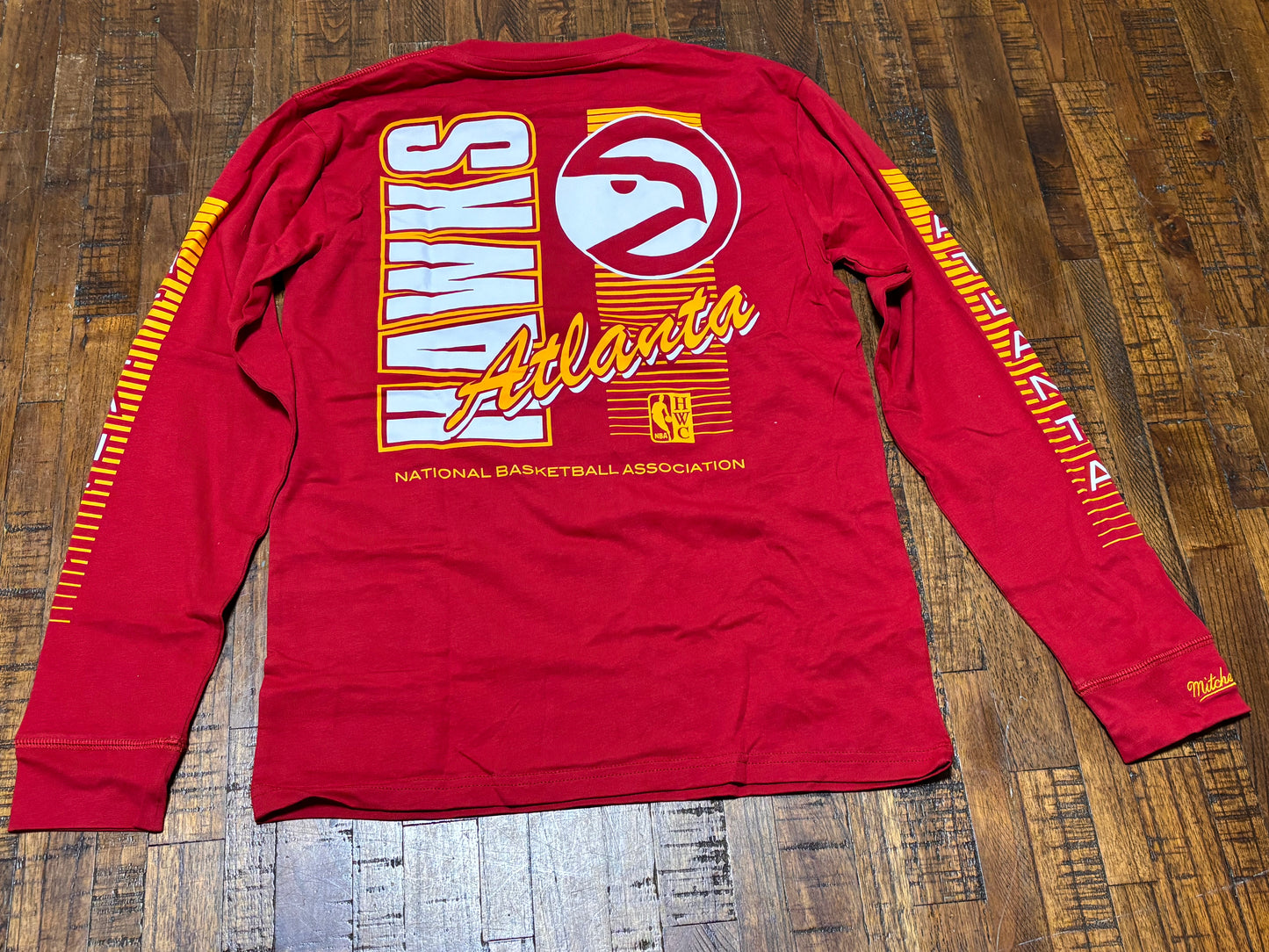 Atlanta Hawks Mitchell & Ness NBA Retro HWC Hardwood Classic Long Sleeve Shirt Red Yellow Youth Kids Medium M 10-12 New NWOT