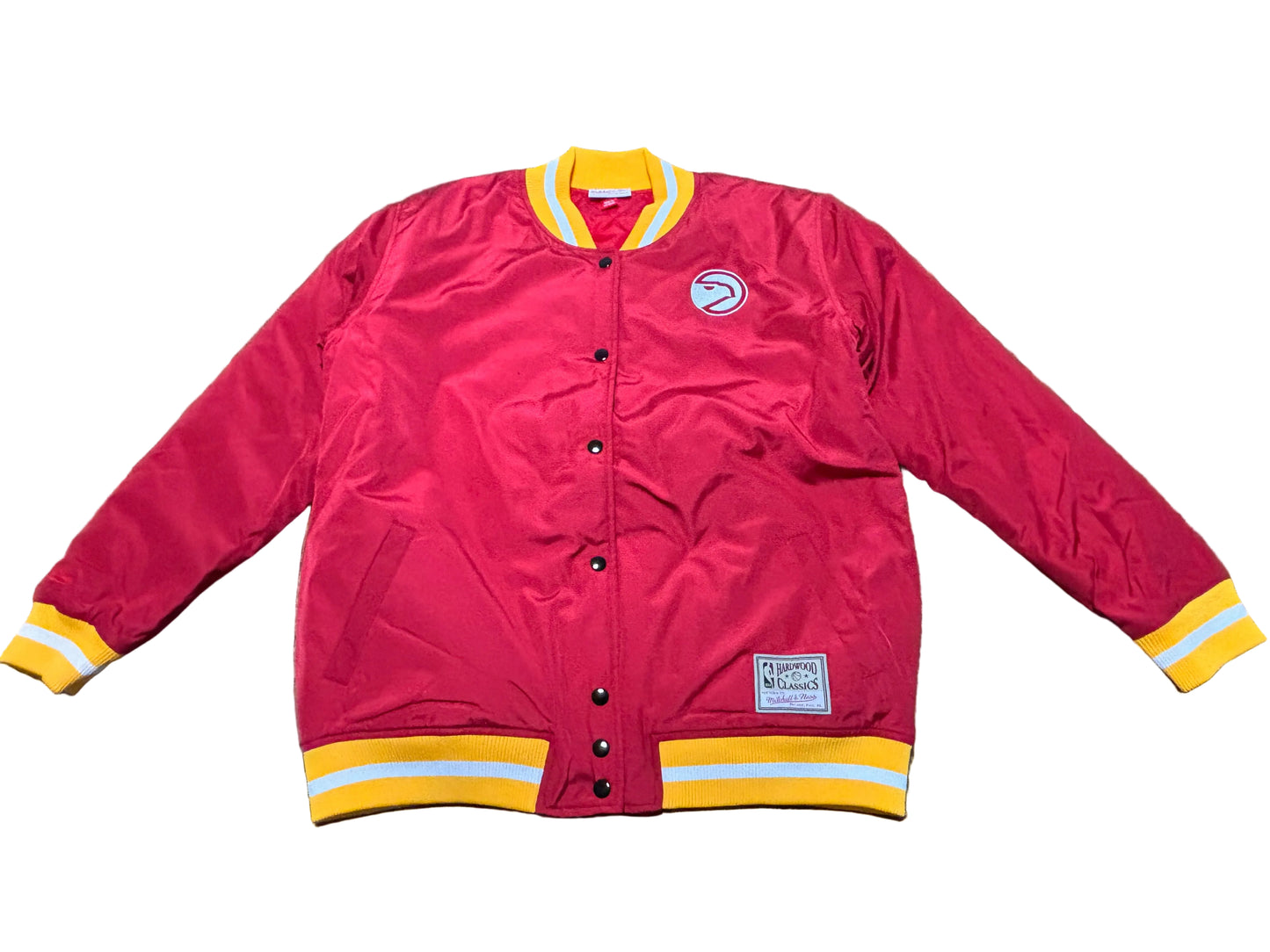 Atlanta Hawks Mitchell & Ness Hardwood Classic HWC NBA Retro Puffer Bomber Jacket Red White Yellow Women’s Medium M New NWOT
